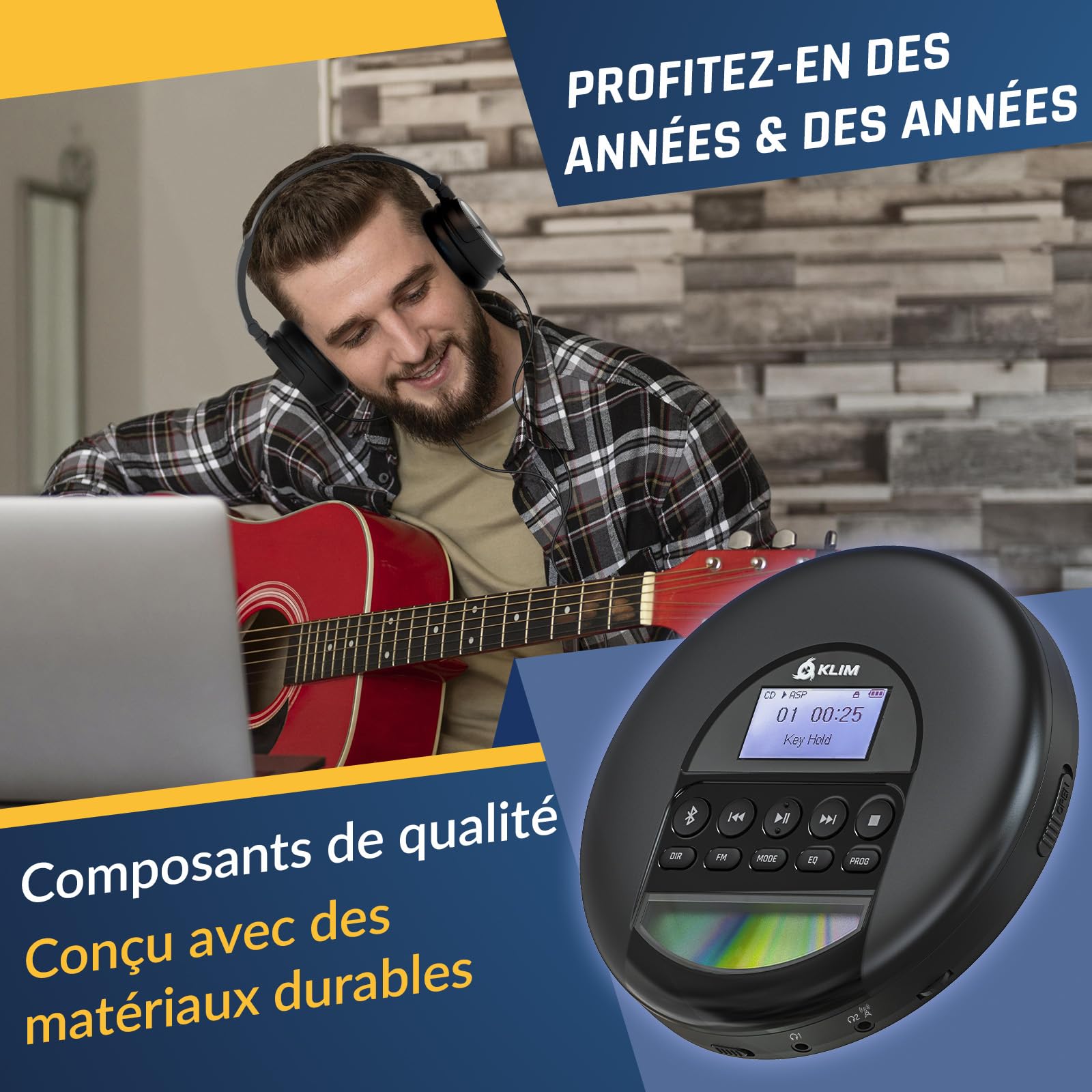 Nomad Lecteur CD Portable Bluetooth - Batterie Longue Durée - avec Casque | Écouteurs Inclus, Double Port Audio, Carte TF, Radio FM, Protection Anti-Saut, Câble AUX Voiture - Noir