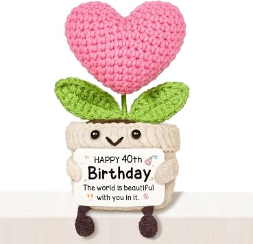 Cute 40th Birthday Gifts for Women Crochet Pink Heart Flower, 1986 40th Birthday Decorations for Her, 40 Years Old Happy Bday Gift for Mom Friend Wife Sister Aunt Coworker