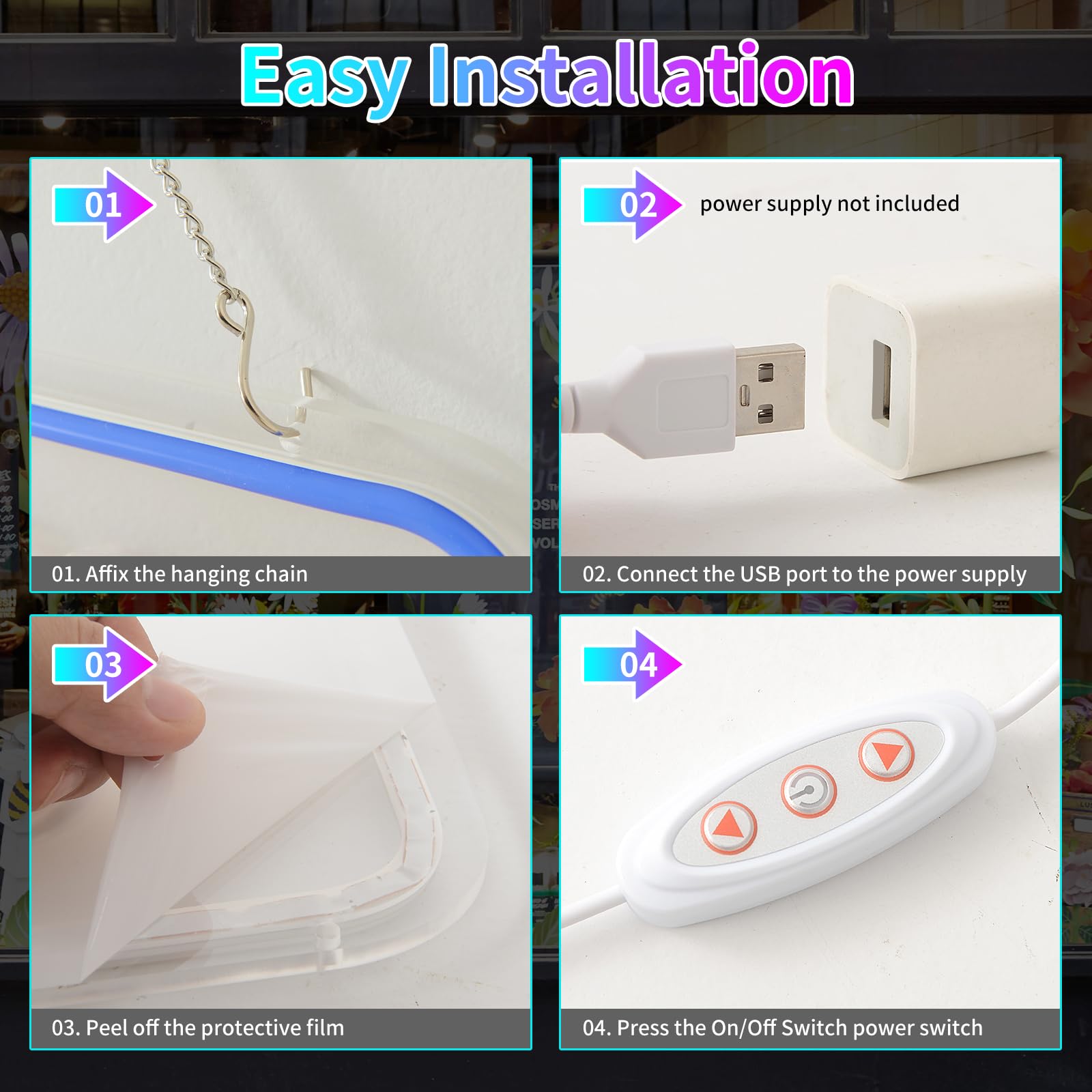 OUVERT Panneau néon LED à suspendre 42 x 22 cm USB avec interrupteur à intensité variable