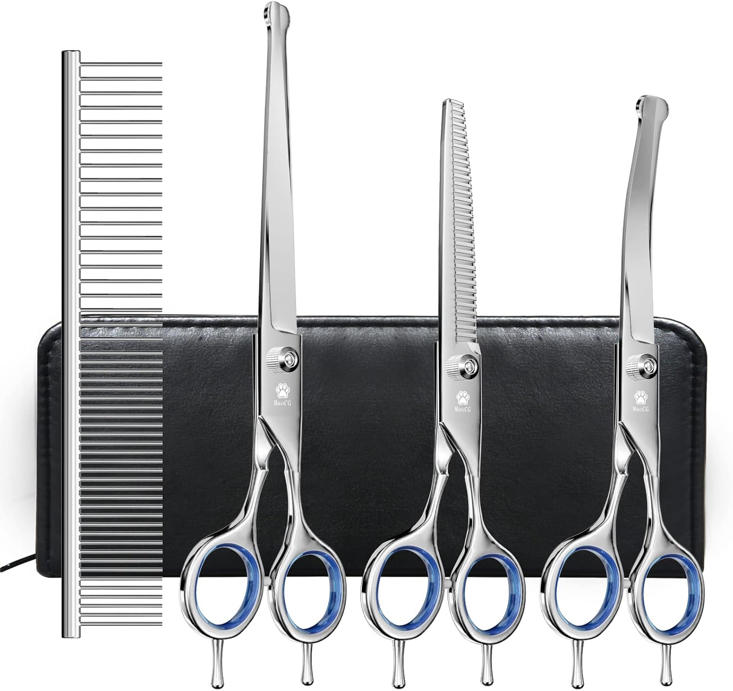 Professional Dog Grooming Scissors Kit with Safety Ronud Tip, MAOCG Twin-Tail Thinning, Curved, Straight Shears and Comb for Dogs & Cats, Sharp and Durable, Suitable for Lefty and Righty