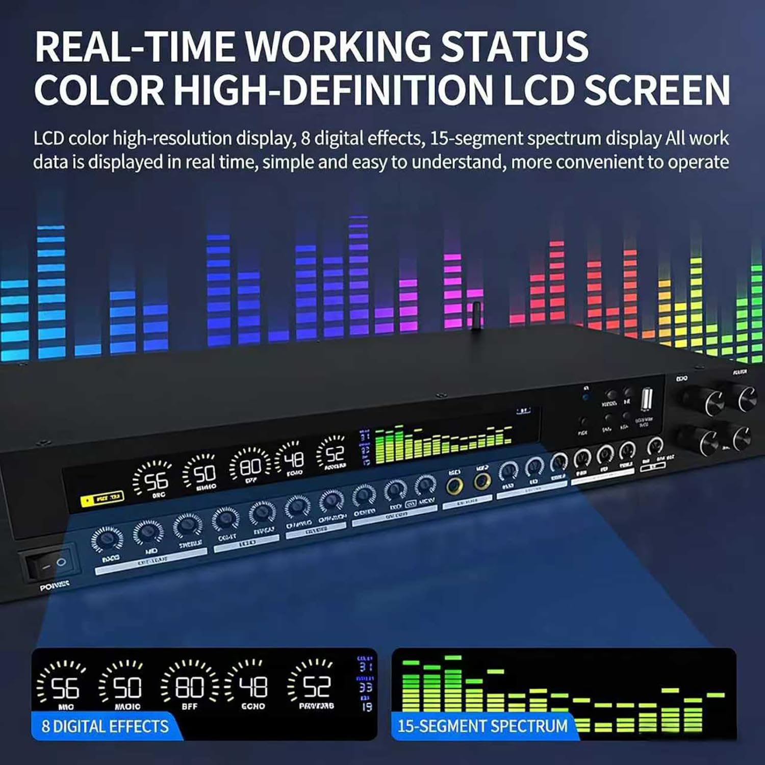 Procesador de audio digital preetapa con ecualizador antiaullidos, pantalla LCD, ritmo de espectro dinámico, efectos ajustables para uso doméstico y escénico