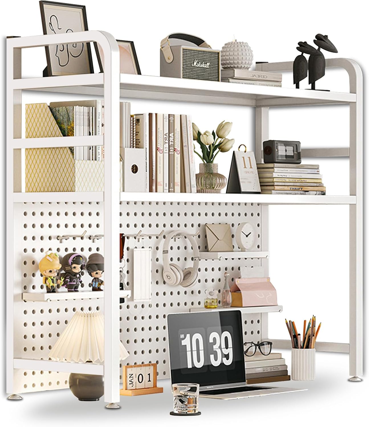 2 Layer Desktop Bookshelf for Computer - Multipurpose Metal Hutch Shelf, Wrought Iron Bookcase for Office Supplies Organizer (White)