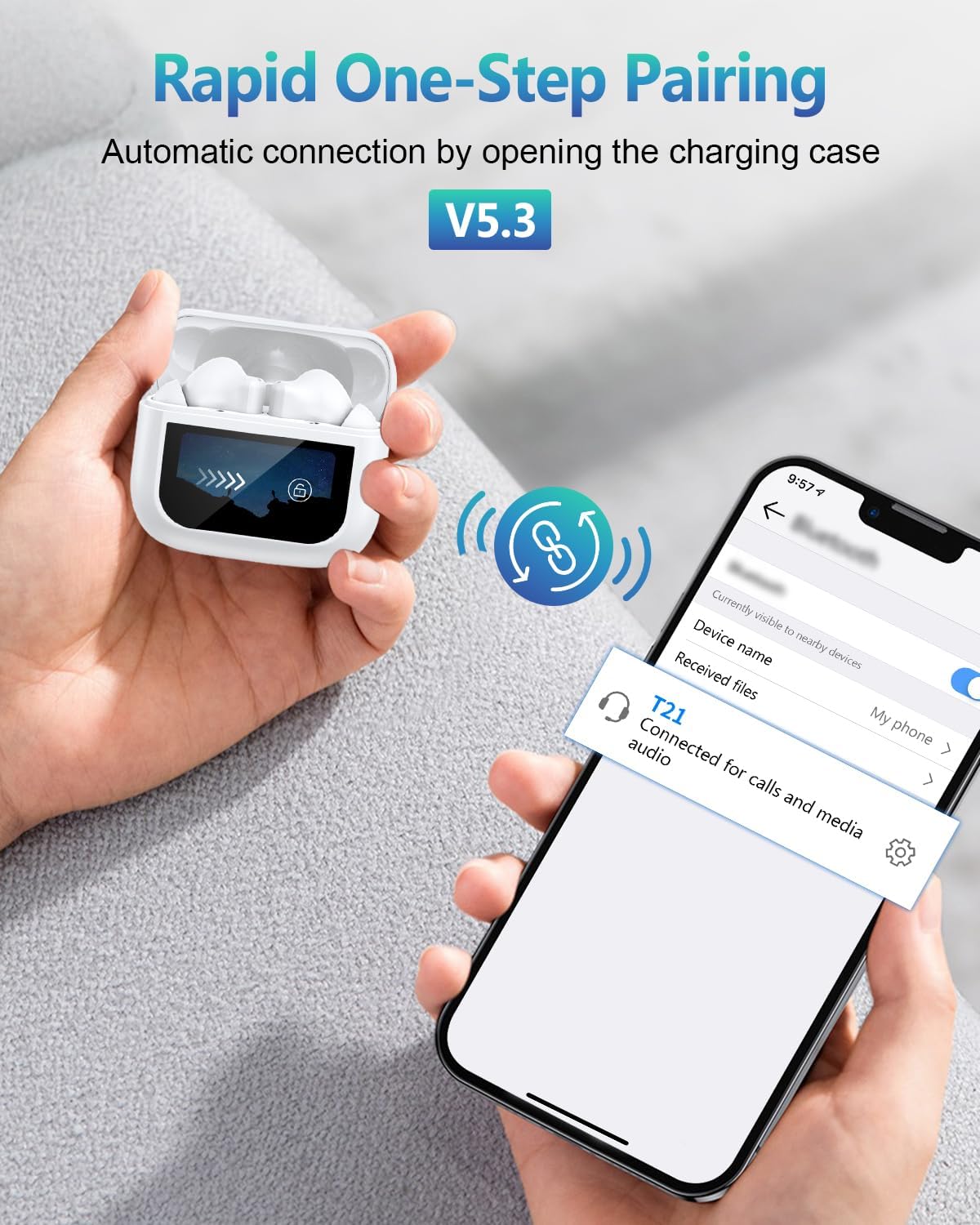 Nequga T21 earbuds pairing with a smartphone via Bluetooth 5.3.