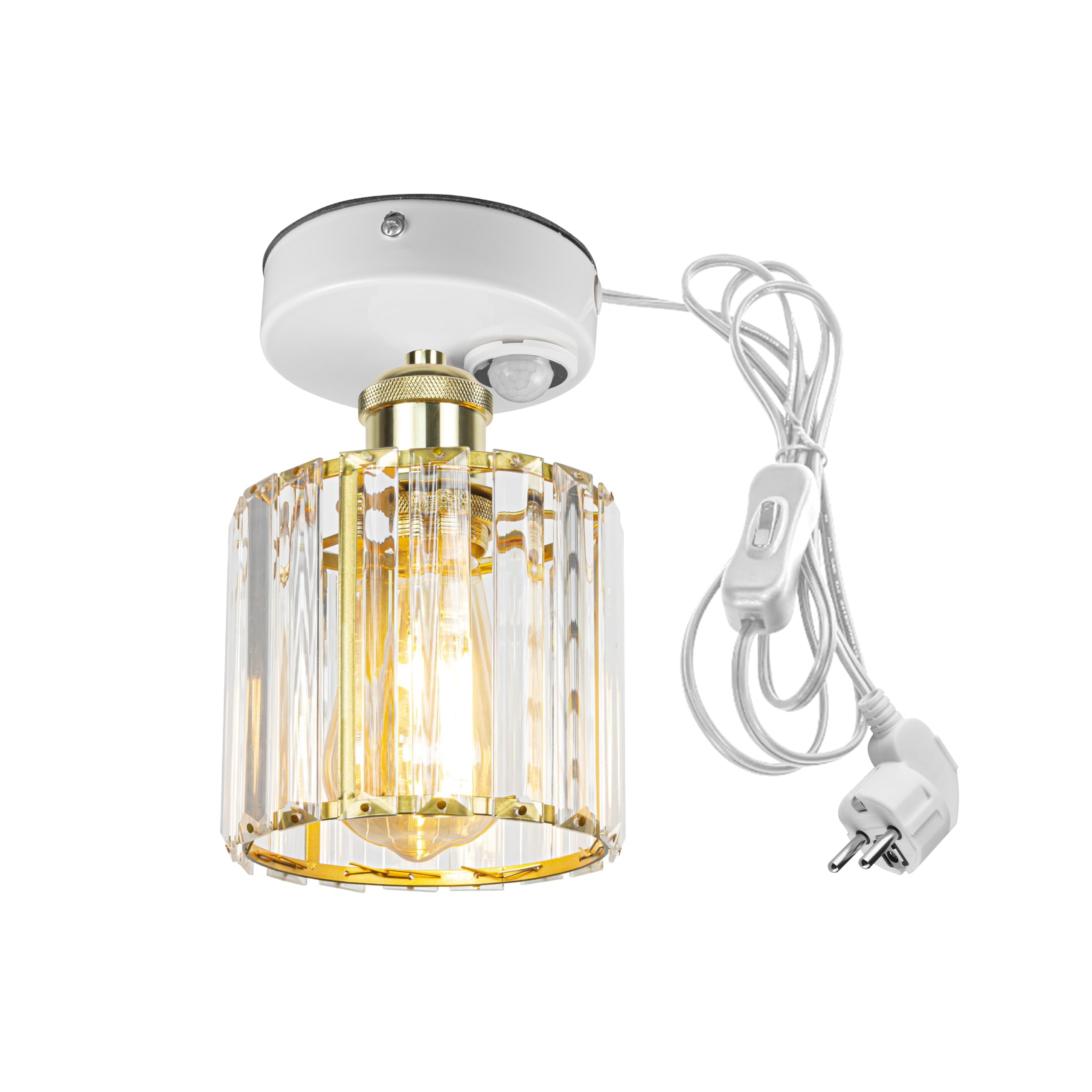 Plafoniera con sensore di movimento interno, moderna lampada da soffitto in cristallo, sensore di movimento con cavo da 4,5 m e portalampada E27, per corridoio, bagno, scale, garage, oro