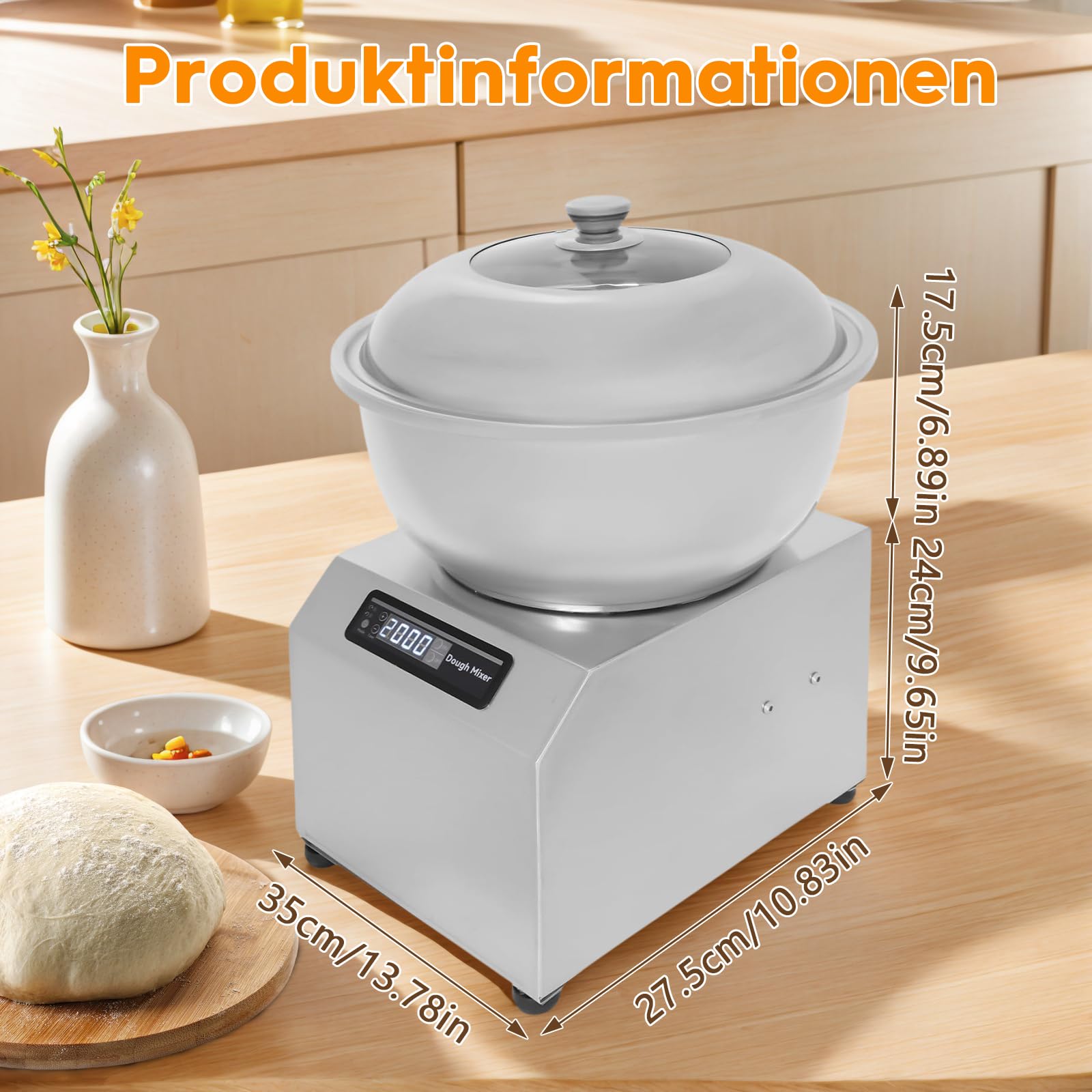 Macchina per impasto in acciaio inox, 8 kg, 750 W, con funzione di fermentazione e timer, doppia rotazione per ristoranti, panetterie e pizzerie