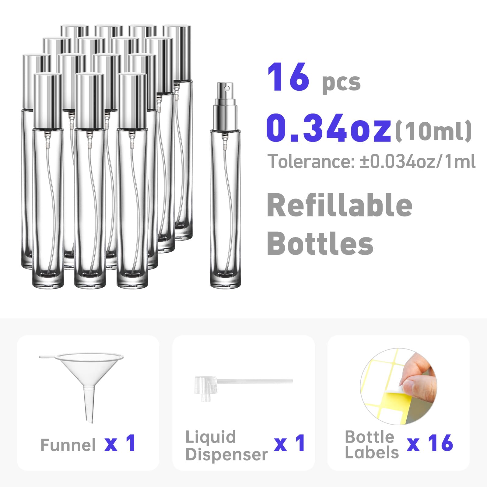 Botella de perfume de viaje recargable, 16 mini recipientes de perfume de vidrio de 10 ml con embudo y etiqueta, botellas de fragancia vacías portátiles a prueba de fugas, kit de botella