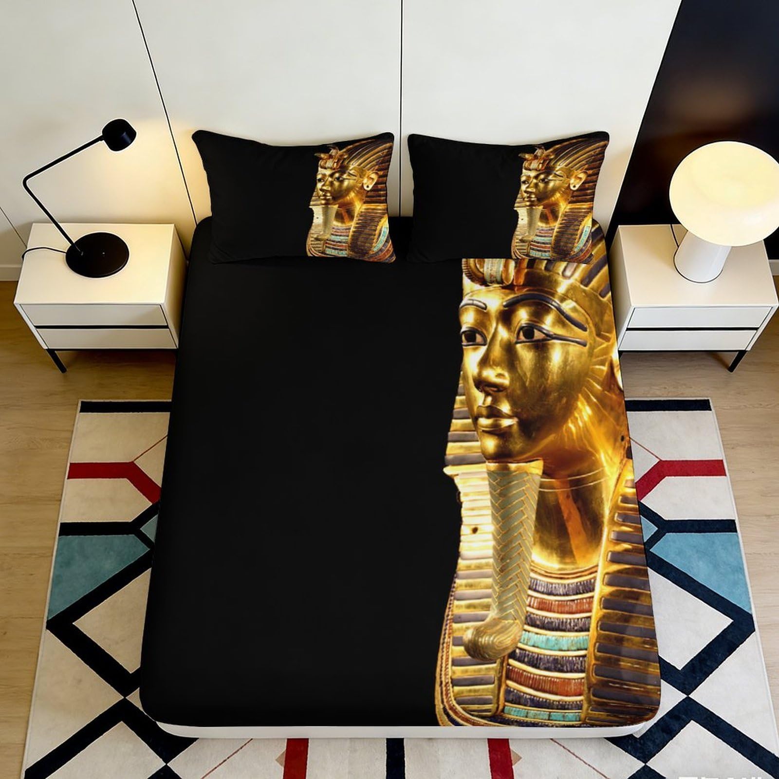 3D Printed Egyptian Pharaoh Fitted Sheet Microfiber Soft Breathable Ancient Mask Bed Cover for Bedroom Dormitory Guest Room Mattress Protection Decor 180x200x25cm
