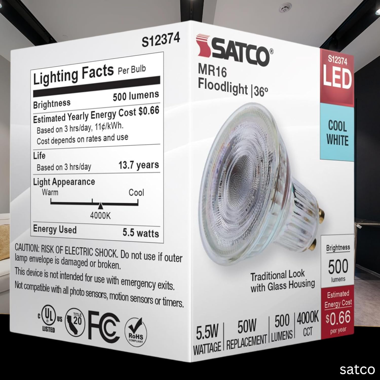 Satco 5.5W LED MR16 Floodlight 50W Equivalent 4000K Cool White 90+ CRI 36 Beam GU10 Twist-Lock Base 120V Dimmable Clear Finish Part S12374 (6 Pack)