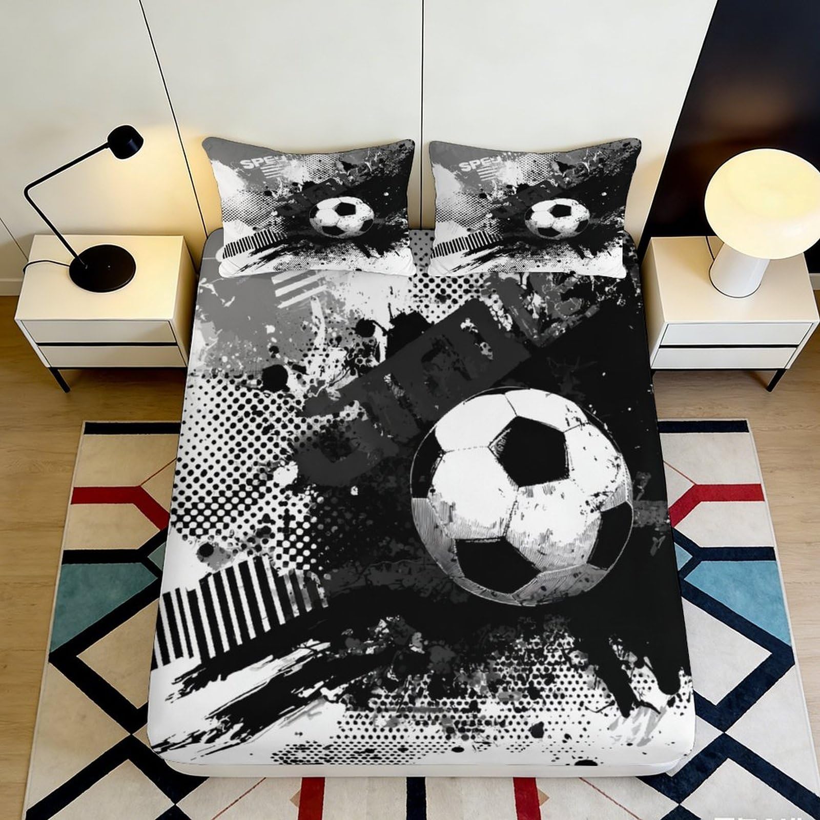Modern sports bedroom decor 3D Printed Fitted Sheet with soccer graphic, soft touch Microfiber, wrinkle resistant, apartment bedding 200x200x25cm