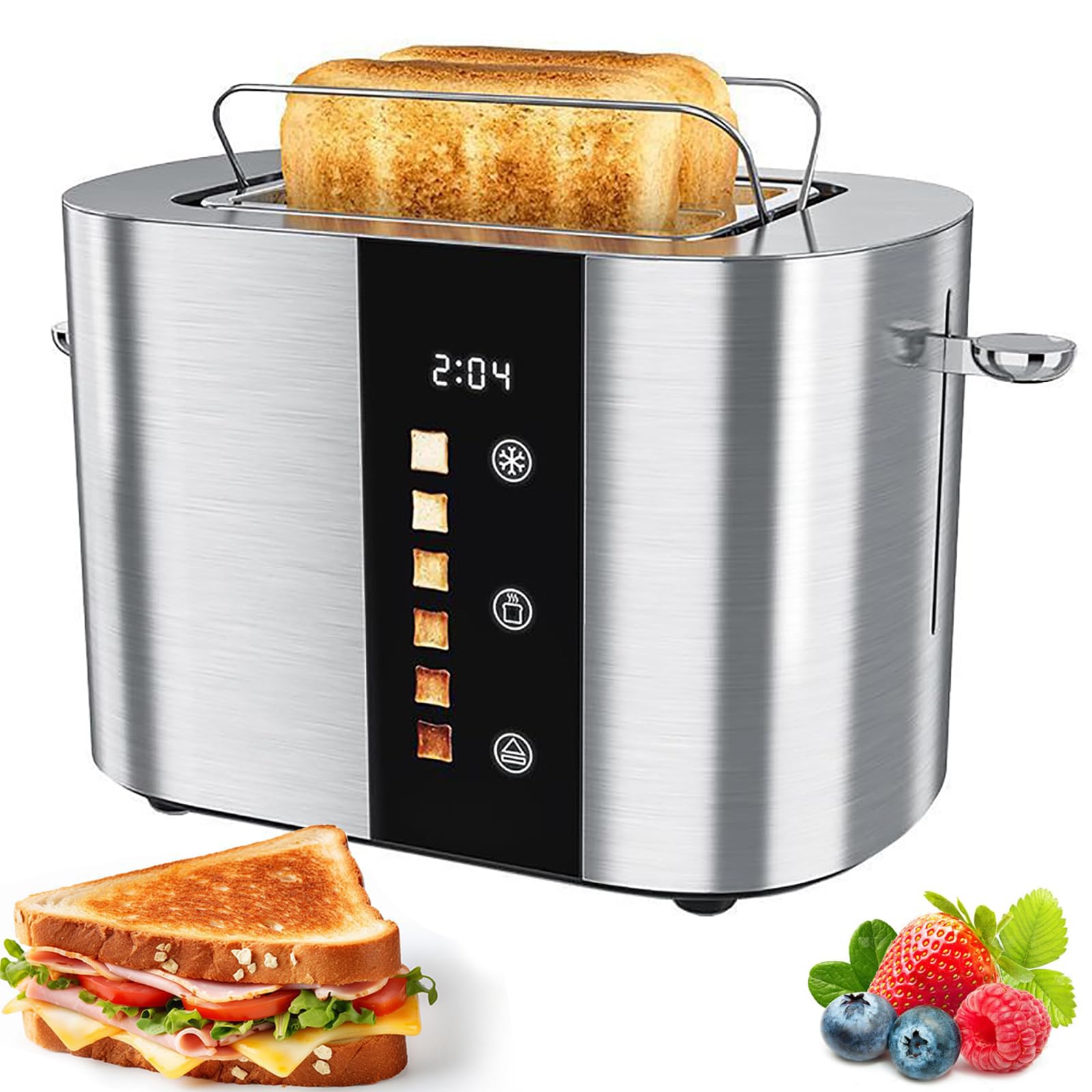 Forno tostapane in acciaio inox da 800 W con touch screen e display digitale, 2/4 fessure per fette, 6 livelli di doratura e griglia integrata per asciugatura di waffle, pasticcini ( Short Slo)