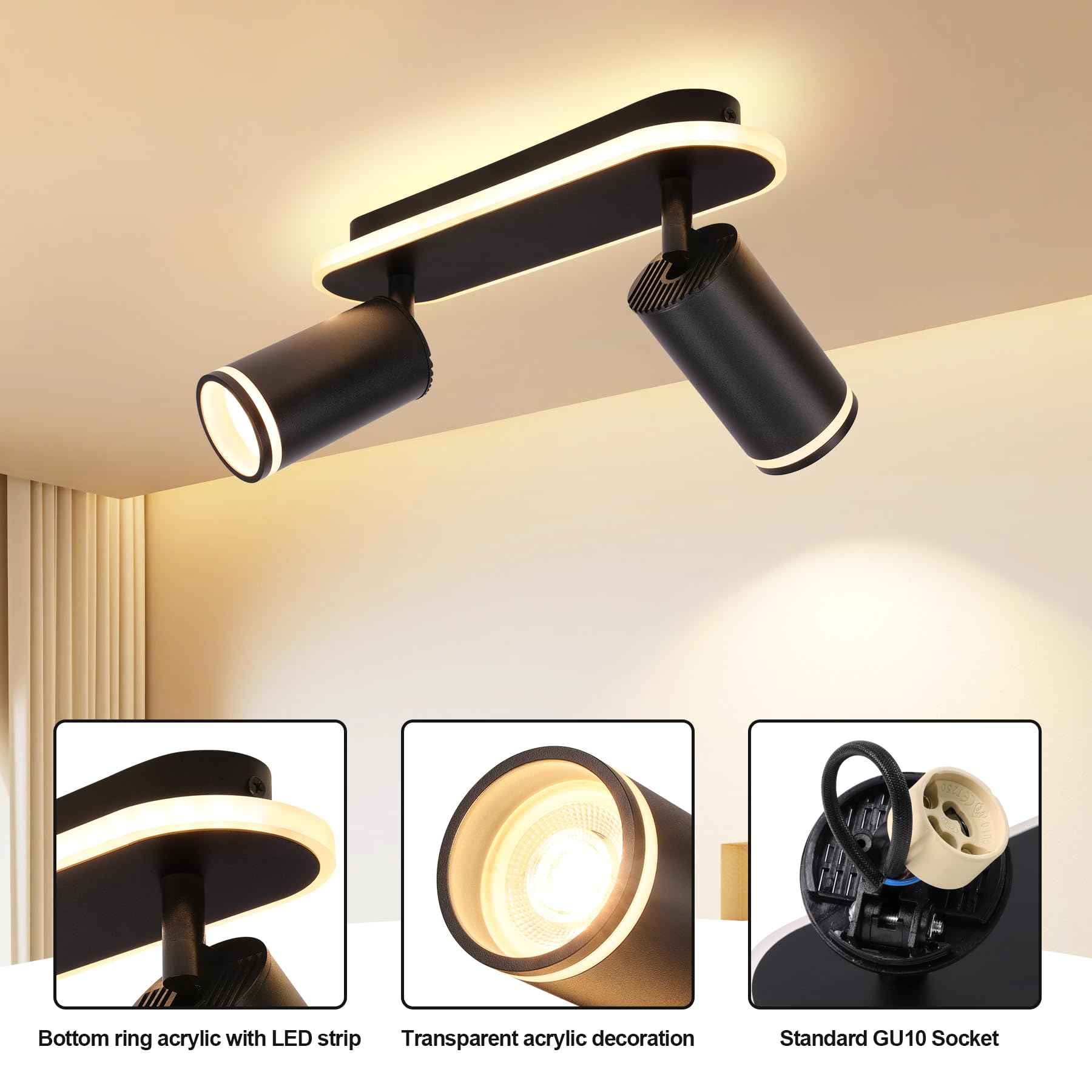 Spot Plafond GU10, Plafonnier 2 Spots Noir, Plafonnier Spot Orientable, comprend 2x 5W Ampoules GU10, Moderne Applique Plafond Interieur LED pour Cuisine, Salon, Blanc Chaud 3000K