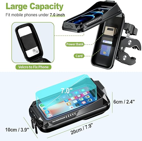 Miniatura 5 de HUANLANG Soporte de teléfono para motocicleta, impermeable, soporte de teléfono para bicicleta, ajustable en 360, antivibraciones, con visera solar