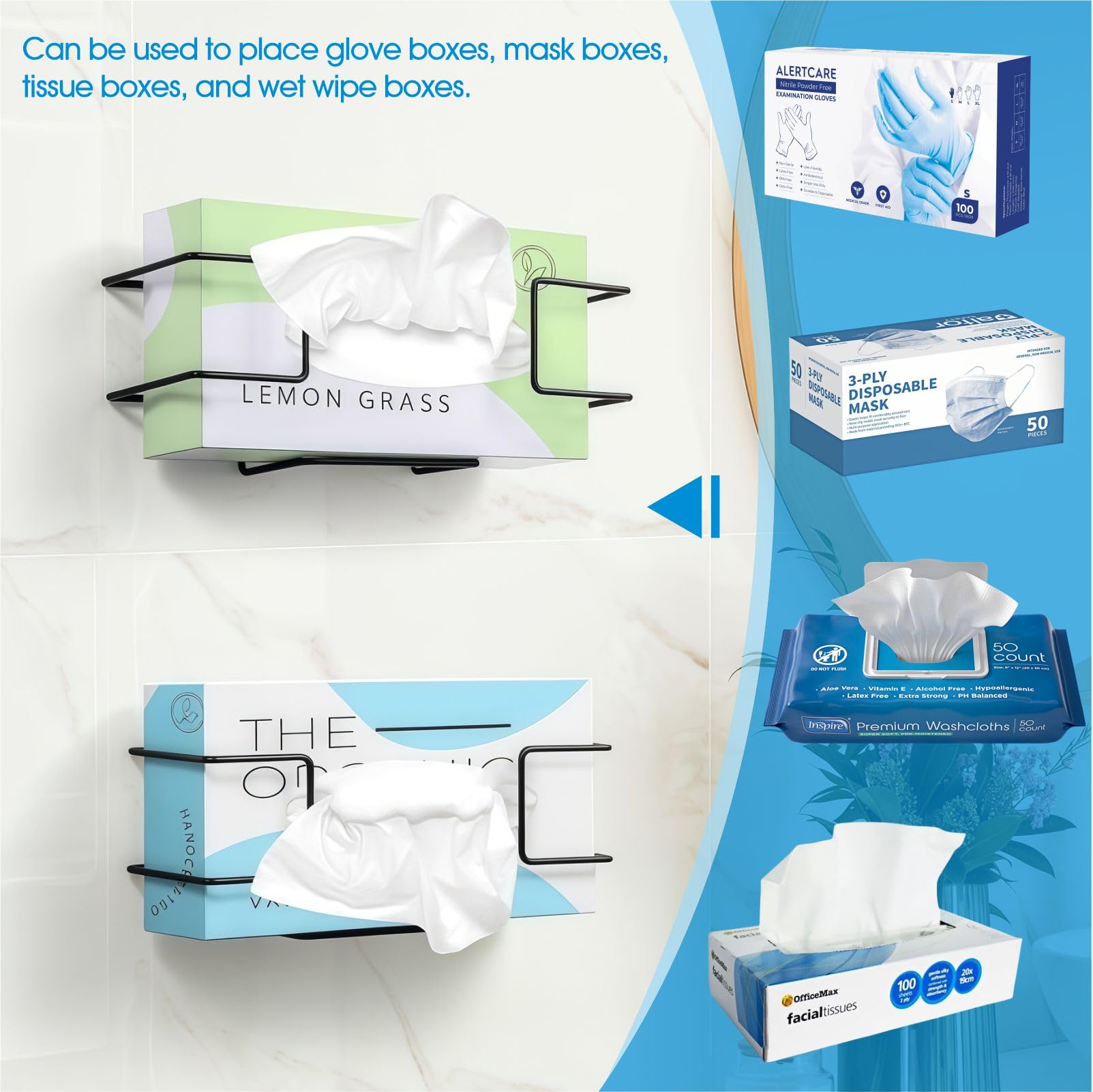 Guanti monouso Supporto del dispensatore montato a parete - Organizzatore della scatola di asciugamani in acciaio al carbonio per clinica, laboratorio, cucina, bagno, ufficio e garage, 4 pz