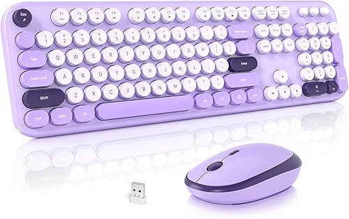 Miniatura 9 de Combo de teclado y mouse inalámbricos retro, teclado de oficina de tamaño completo SQMD con teclas redondas coloridas, mouse silencioso de 2.4G para