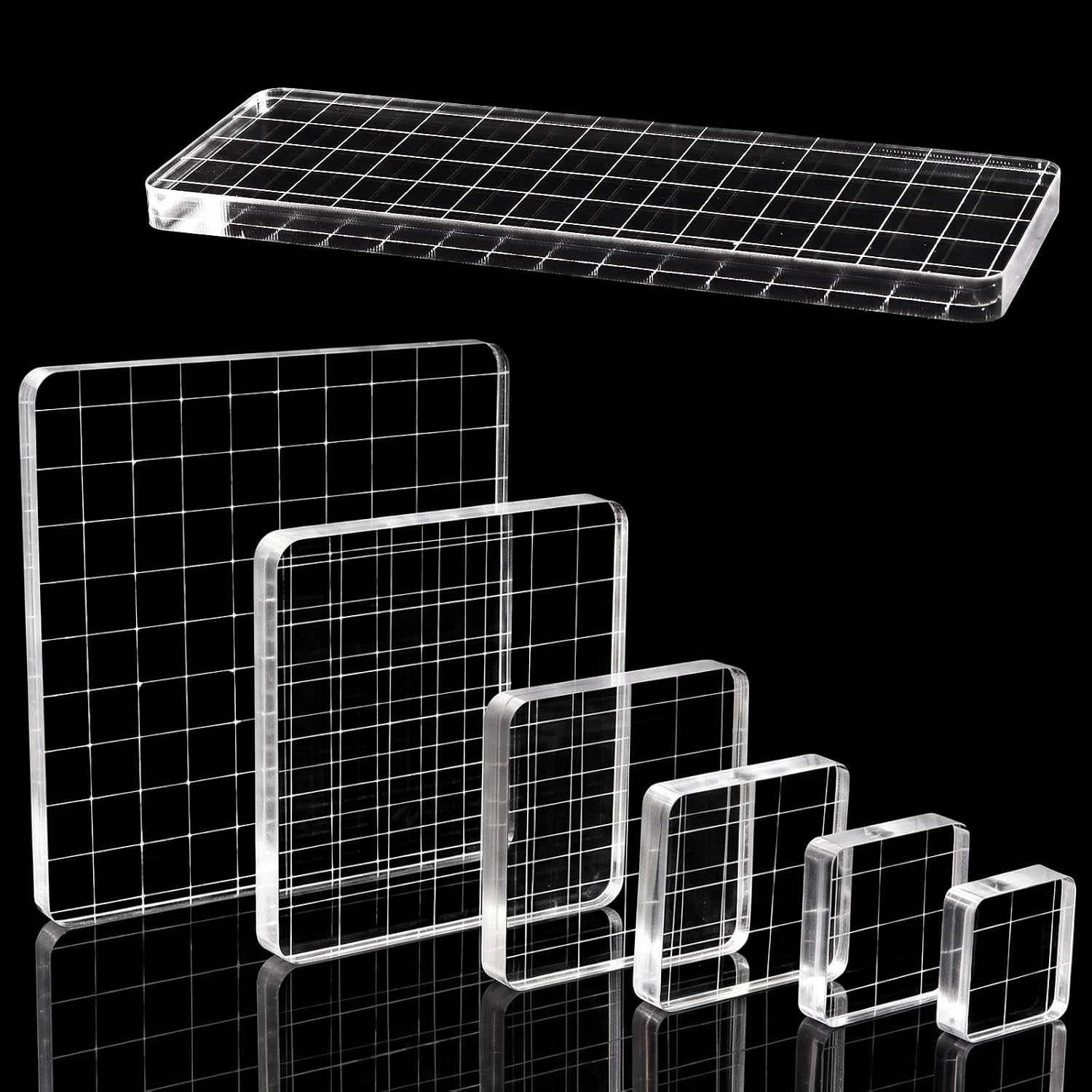 7 Pcs Acrylic Stamp Blocks, Assorted Sizes Clear Stamping Blocks Set, Stamping Essential Tools with Grid Lines for Scrapbooking Craft Making, DIY Artworks (Straight Edge)