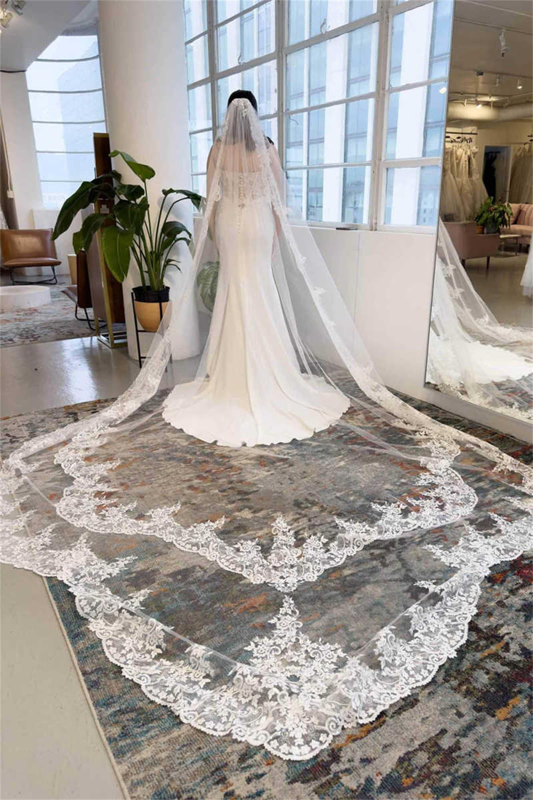 Velo de novia de tul, longitud catedral, velos de encaje floral con peine gratis, accesorios de boda de 1 nivel para novia