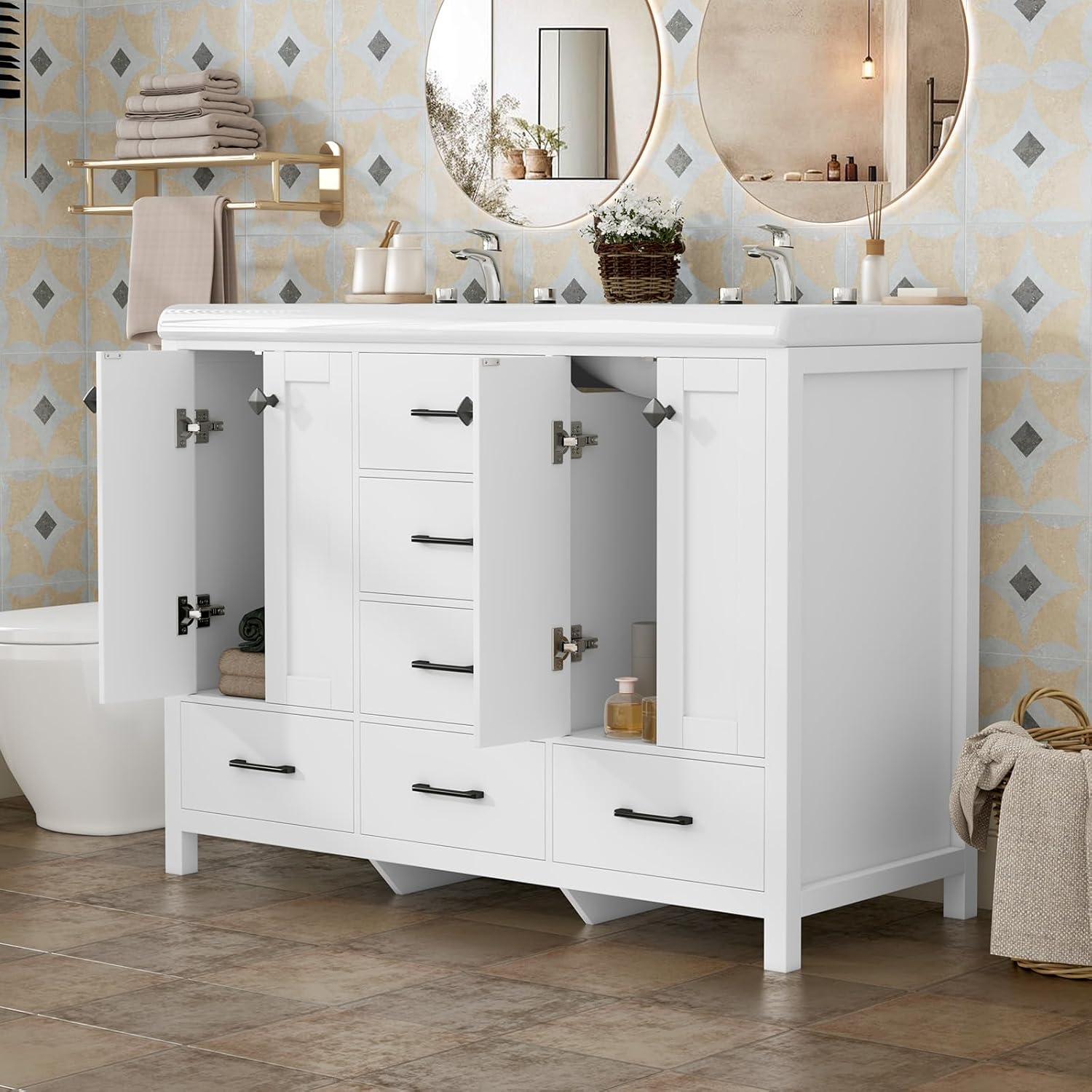 46.7 inch Bathroom Sink Vanity Combo, Large Freestanding Double Bath Vanity Sink Set with 2 Cabinets & 5 Drawers, Dual Basin Modern Bathroom Storage Cabinet, Modern White