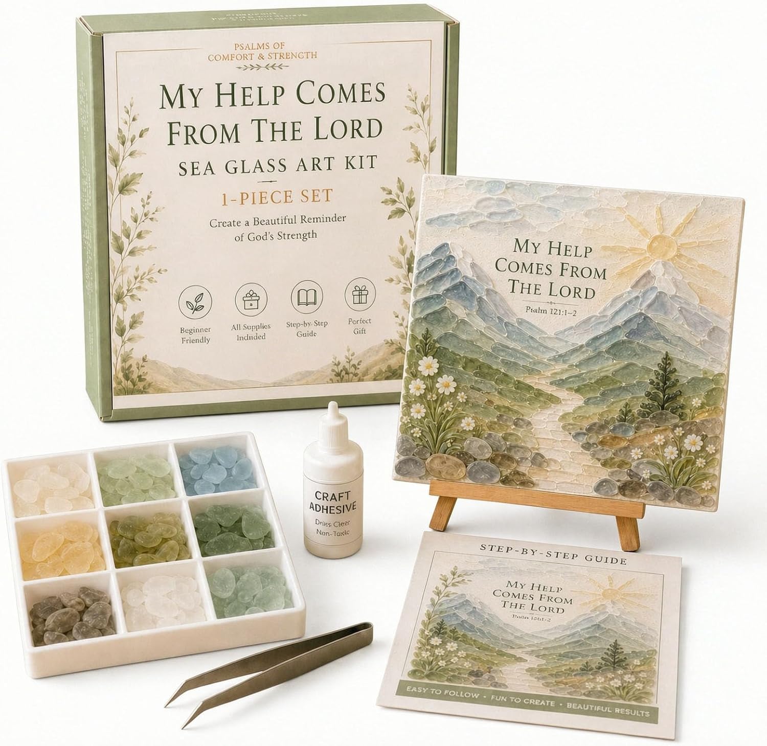 Psalms of Comfort & Strength Sea Glass Art Kit, Christian DIY Craft Kit with Inspirational Bible Verse Design, Religious Gift for Women, Faith Home Decor Wall Art，D：Sea glass type