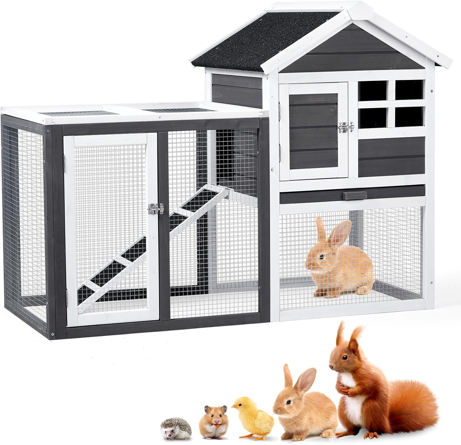Outvita Rabbit Hutch, Small Wood Chicken Coop, 48" Guinea Pig Cage w/Pull-Out Tray, Waterproof Asphalt Roof, Chicken Run, Interactive Door for Small Animal Pen Outdoor