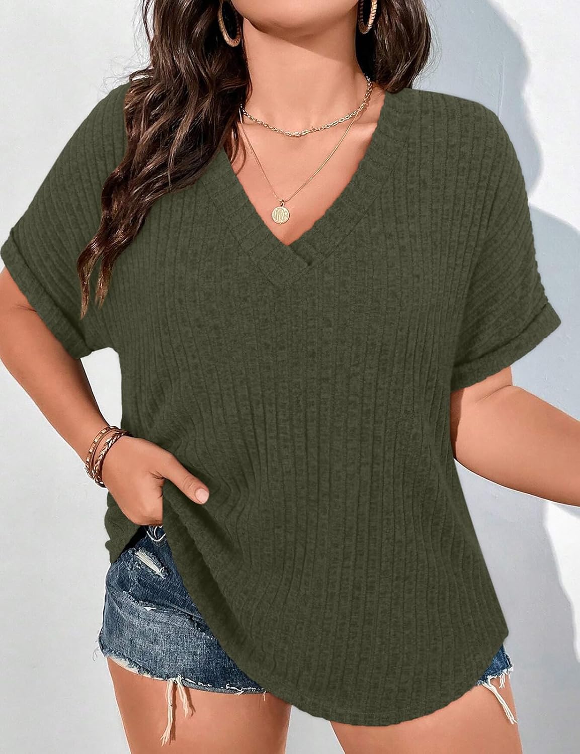 Cucuchy Style Womens Plus Size Tops Casual V Neck Shirts Short Sleeve Solid Color Blouses - Image 3