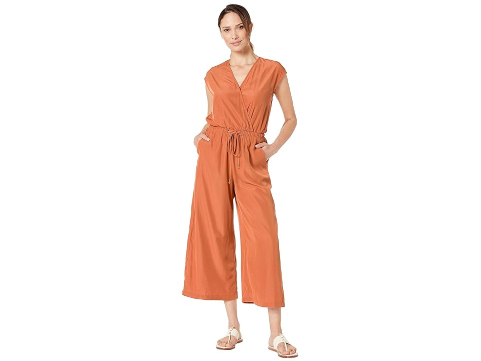 

eci V-Neck Jumpsuit with Waist Drawstring Detail Cropped Leggings (Brick) Women's Jumpsuit & Rompers One Piece, Red