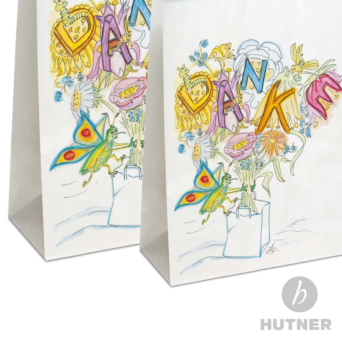 250 x Papiertüten 26+10x33 cm mit Motiv: Danke | stabile Geschenktaschen für Handel, Mitbringsel, Geburtstag | Papiertaschen aus Kraftpapier| HUTNER