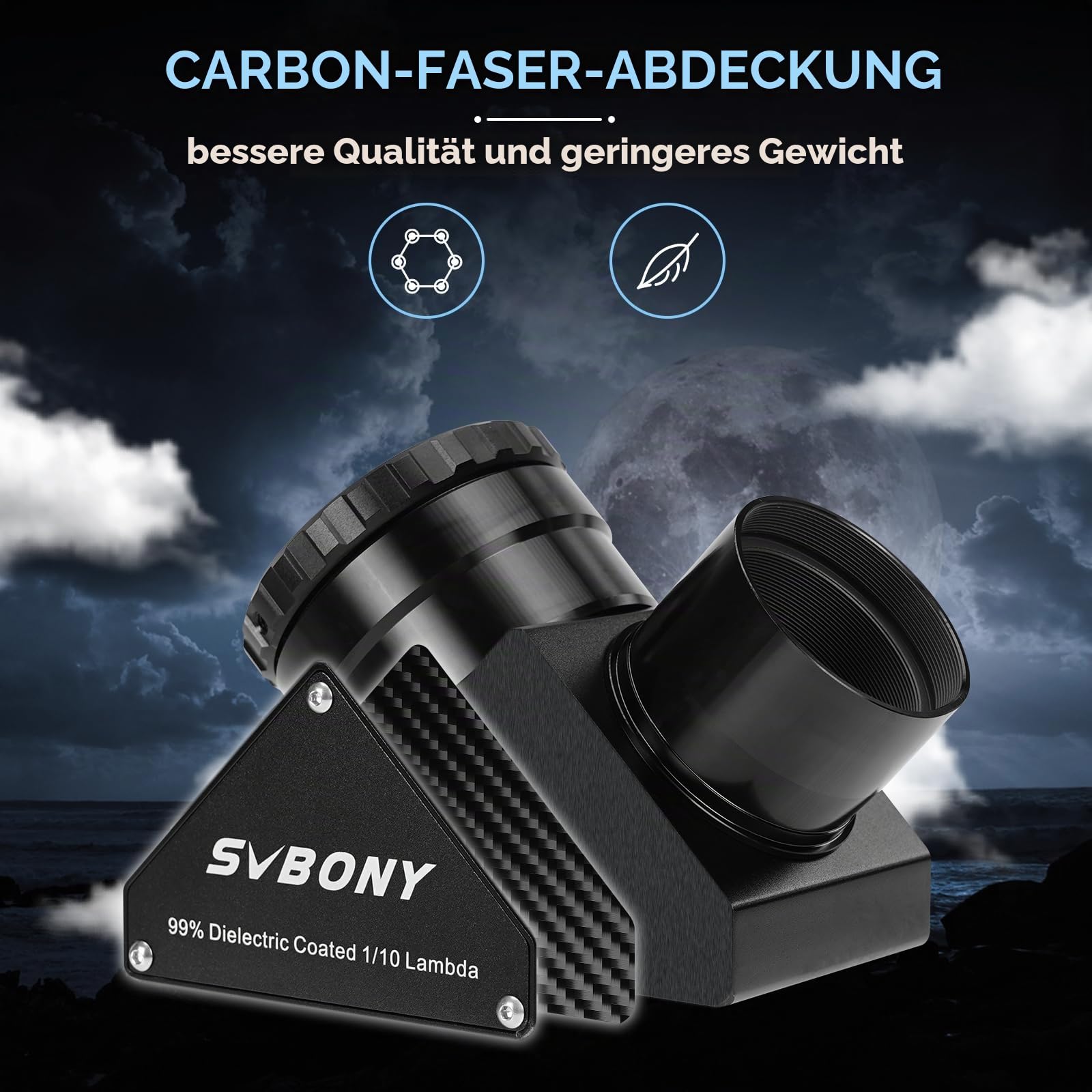 Svbony SV223 Diagonalspiegel, 2" 90° Stern Zenitspiegel mit 1,25" Adapter und Kohlefasermaterial, 99% Reflexionsvermögen, Zenitspiegel für Planetarische Deep Sky Visualisierung