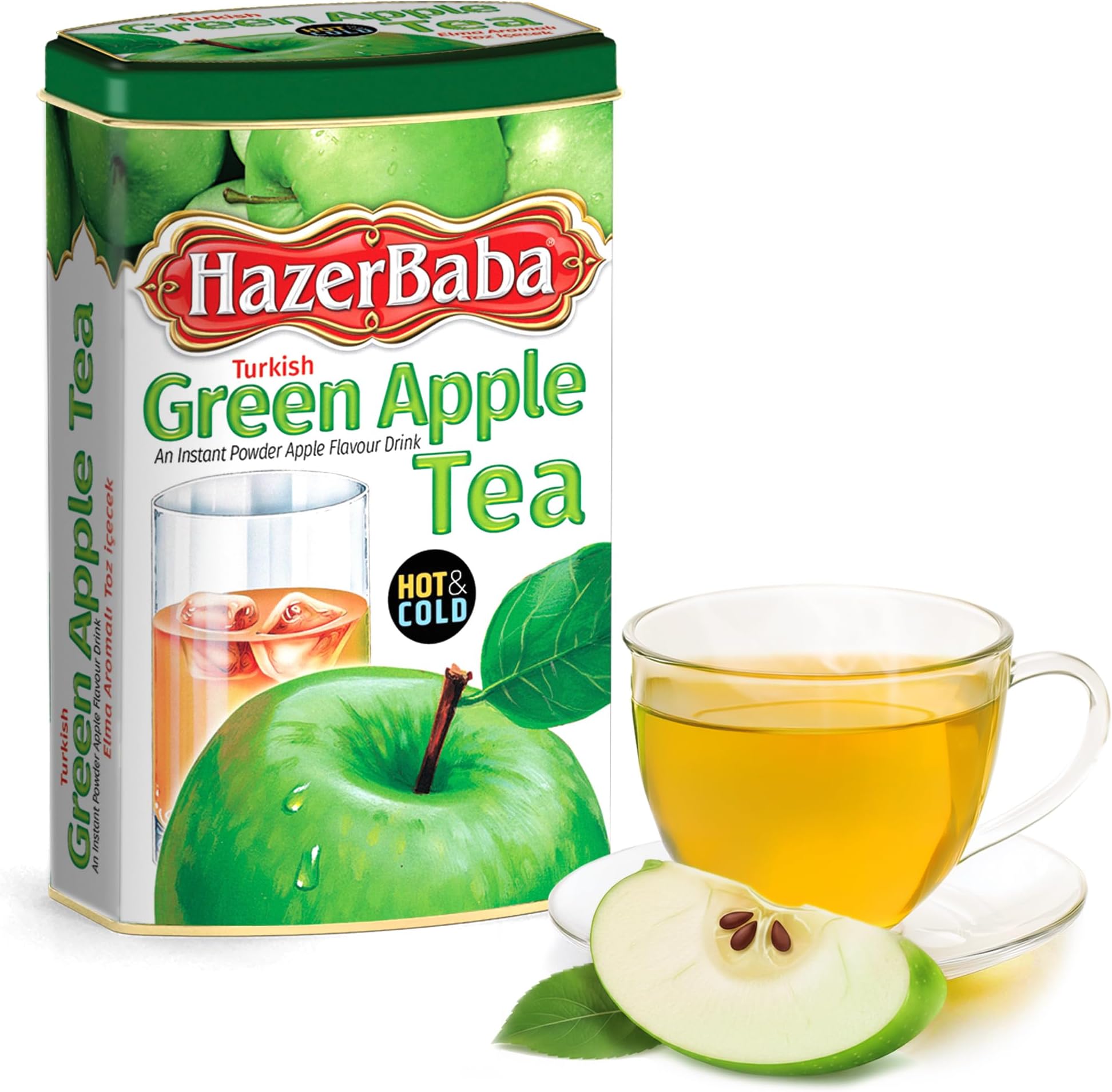 Hazer Baba Instant Drink Mix with Green Apple Flavor, Tin Box, 8.8 Oz (Pack of 1), Fruity Natural Powder, Quick Hot or Cold, Water Enhancer, Juice, Smoothie, Vegan, Halal, Kosher