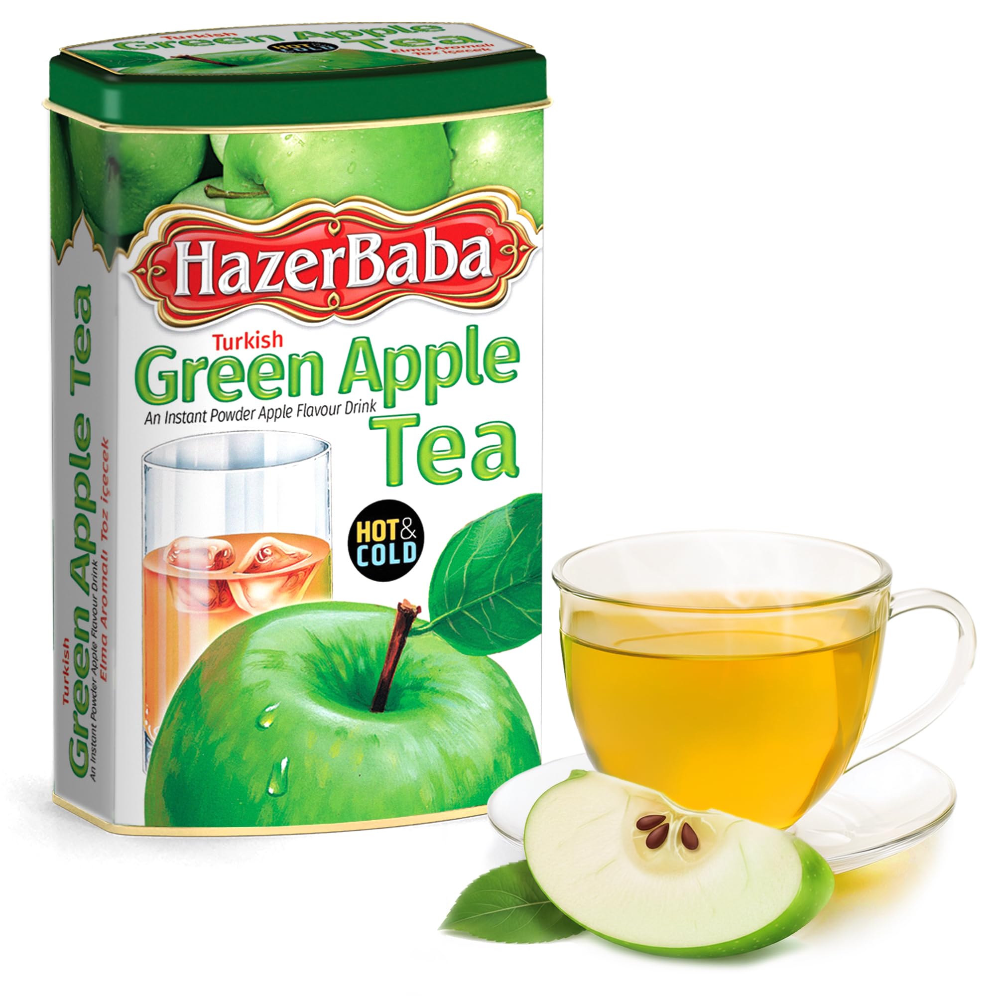 Hazer Baba Instant Drink Mix with Green Apple Flavor, Tin Box, 8.8 Oz (Pack of 1), Fruity Natural Powder, Quick Hot or Cold, Water Enhancer, Juice, Smoothie, Vegan, Halal, Kosher