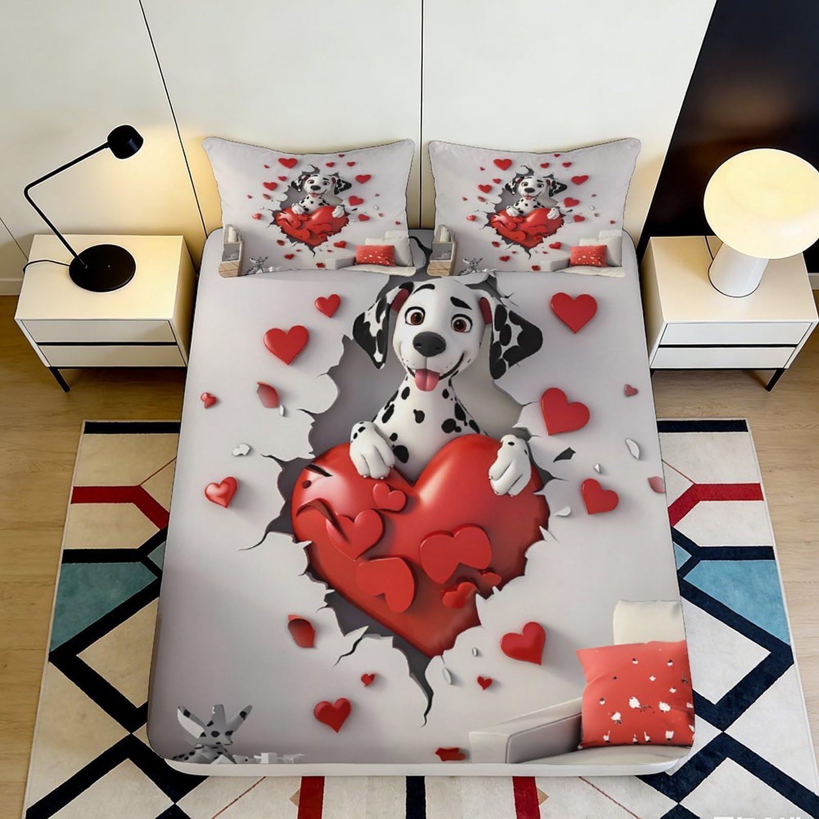 3D Printed Dalmatian Heart Fitted Sheet Microfiber Deep Pocket Elastic Hem Bedroom Bedding Dalmatian Mattress Fitted Cover 200x200x25cm