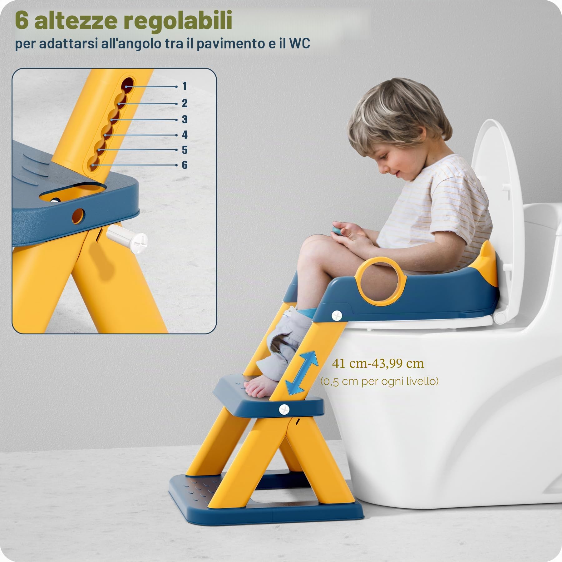 Riduttore wc bambini, sedile rialzato maschi e femmine, pedana antiscivolo anti-spruzzo scala per water,Blu Giallo