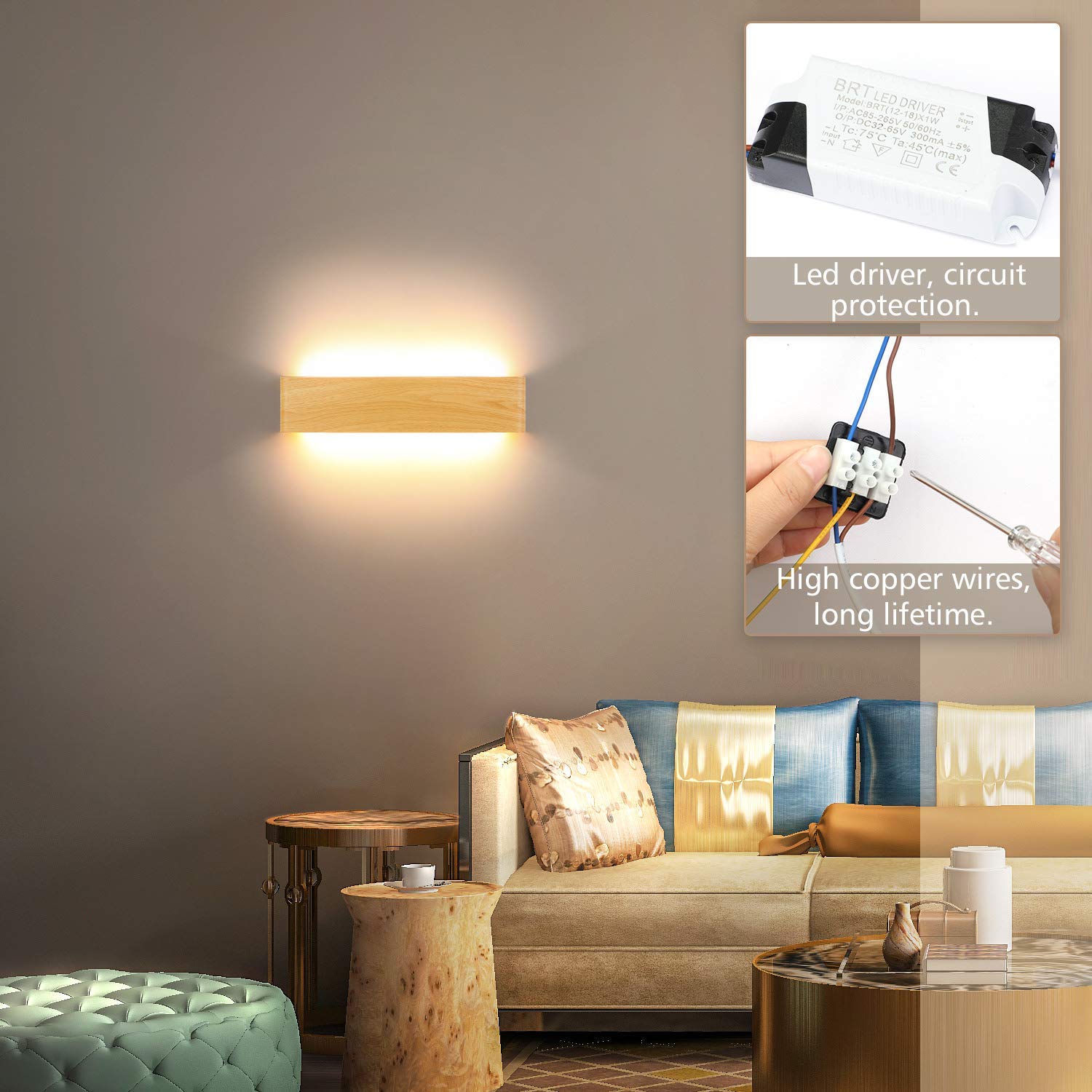 Lightess Lamparas de Pared Madera, Apliques de Pared Interior 40CM, 18W Luz Pared Interior LED, 3000K Apliques Madera Moderna Iluminación para Salón, Dormitorio, Pasillo, Escalera, Blanco Cálido | Lampada da Parete Moderna, Venatura del Legno, 2800K 1800L
