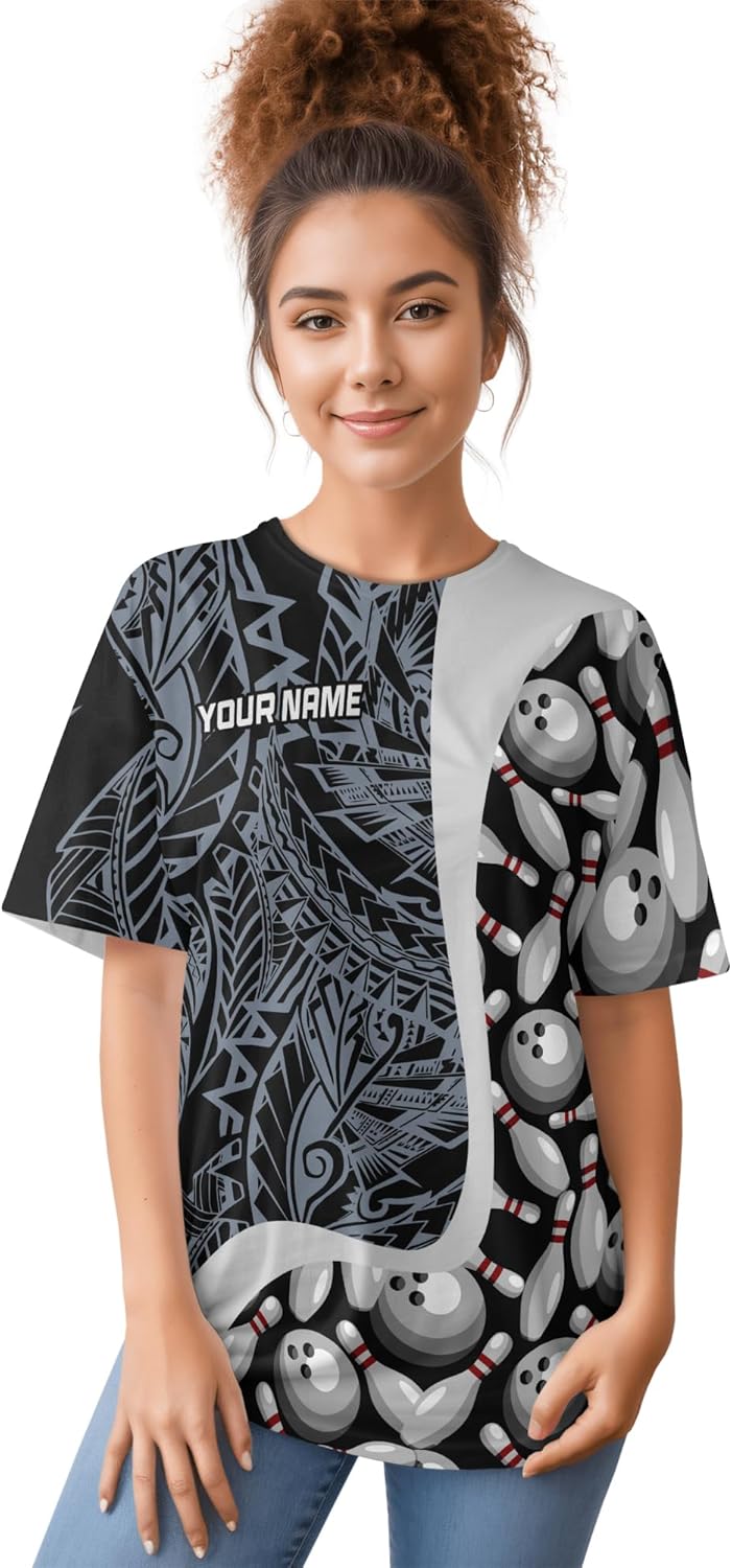 Men's Bowling Short Sleeve Tshirt Custom Paisley Bowling Pin Tee Shirt for Women Girls Print Bowling Team Clothing
