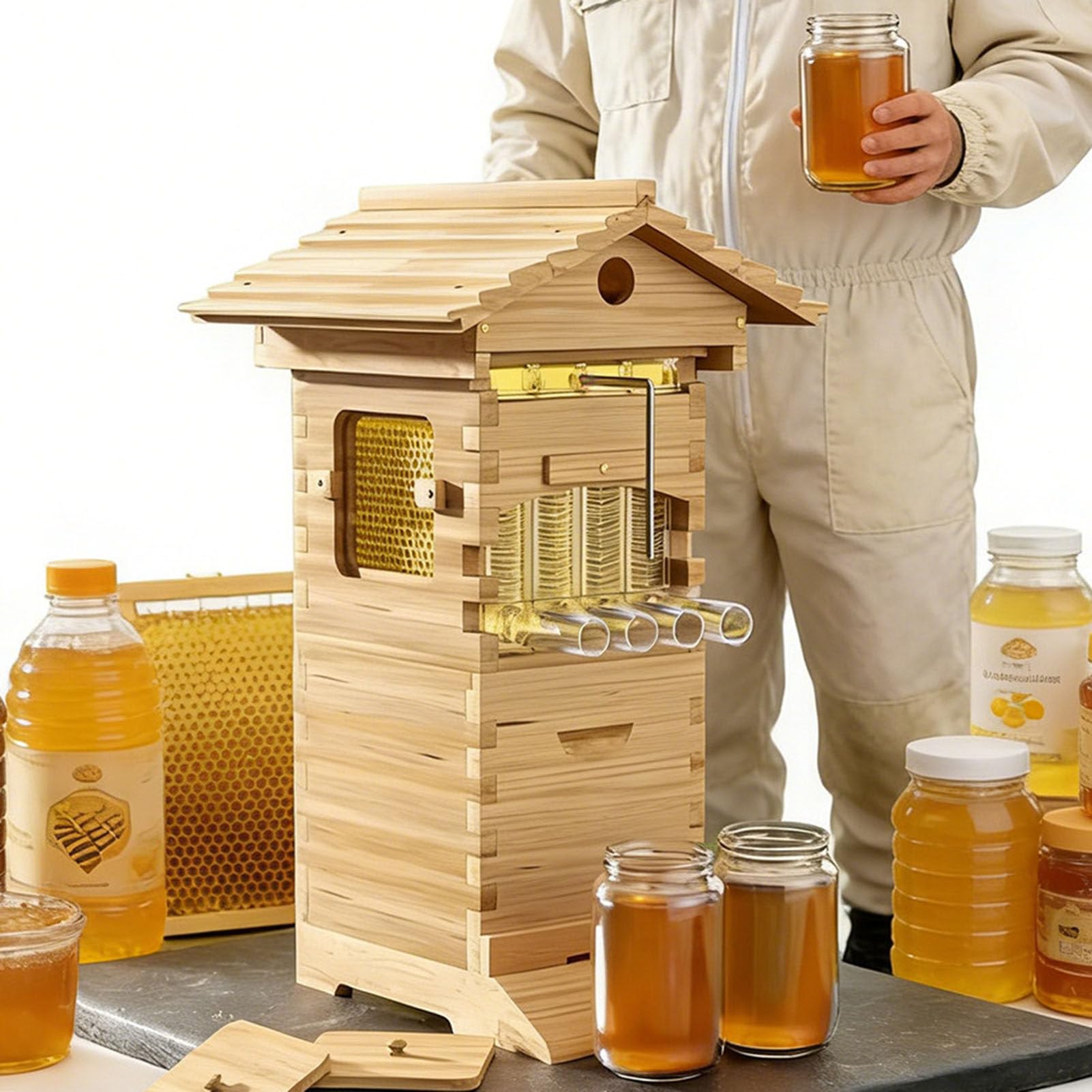 Kit completo per principianti apicoltura:arnia auto-scorrevole con beccuccio per il miel-e,cassetta per api in legno completa con 4 telaini e 6 vassoi per impollinatori giardino,principianti