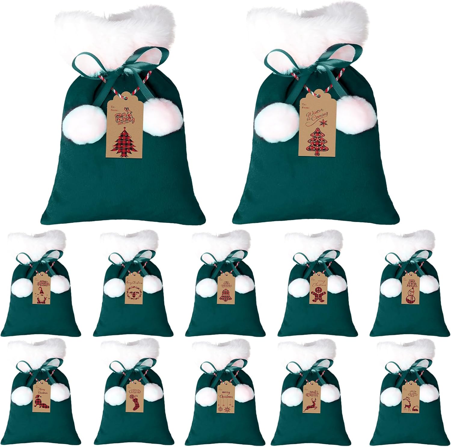 Syhood 12 Pcs Christmas Velvet Drawstring Candy Gift Bags with White Poms 7x5 Inch Santa Gift Wrap Bags Small Santa Claus Sacks with Kraft Tags 32.8 Feet Rope for Xmas Present(Green)