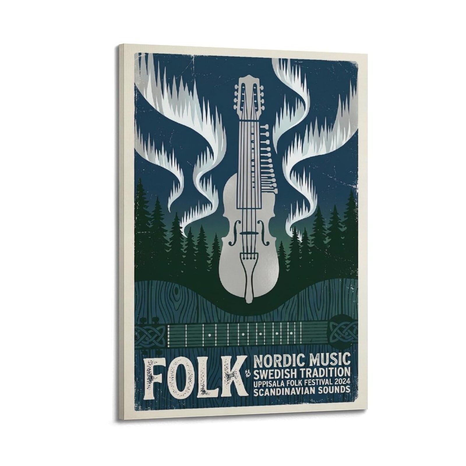 Okngb Frame-Style Vintage Nordic Folk Music Poster Nyckelharpa Northern Lights Art Decorative Painting Canvas Art Picture 20X30inch(50X75cm)