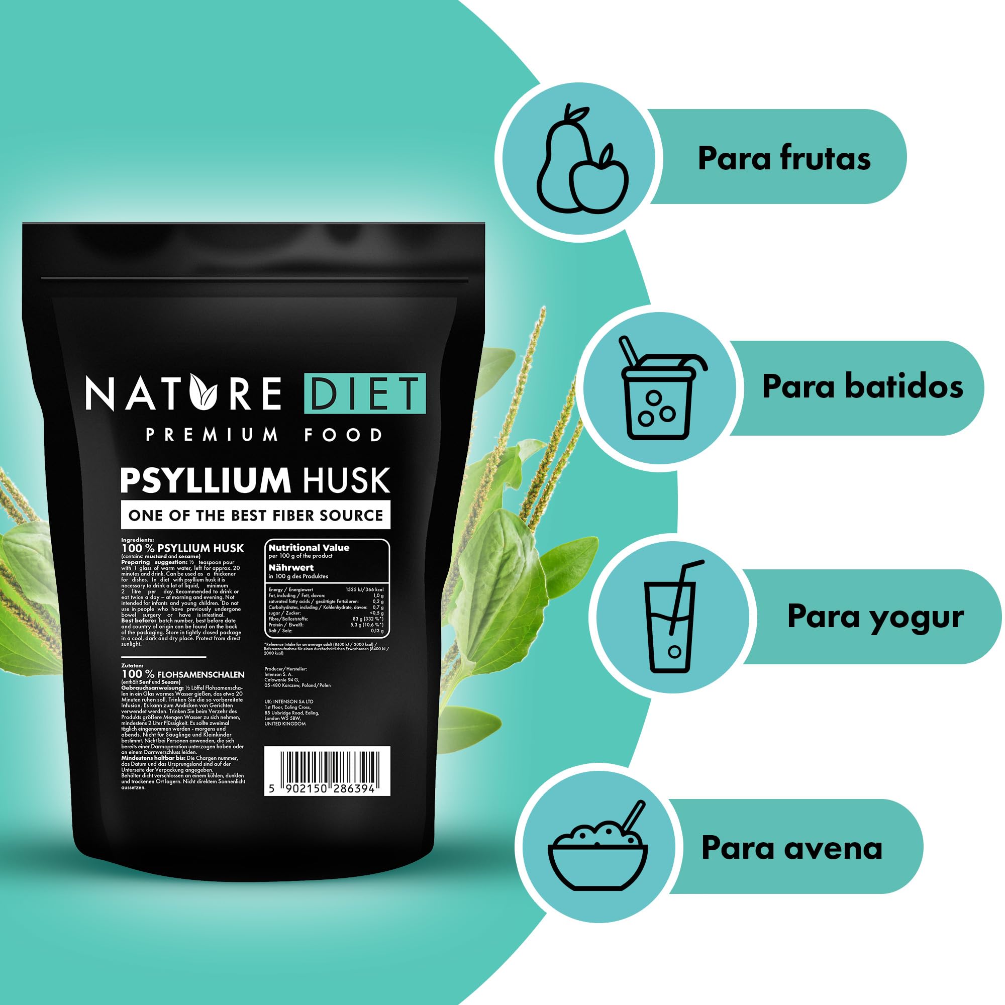 Nature Diet Psyllium Husk Cáscara de psyllium 1000 g | Fuente de fibra | Digestión | Desintoxicación