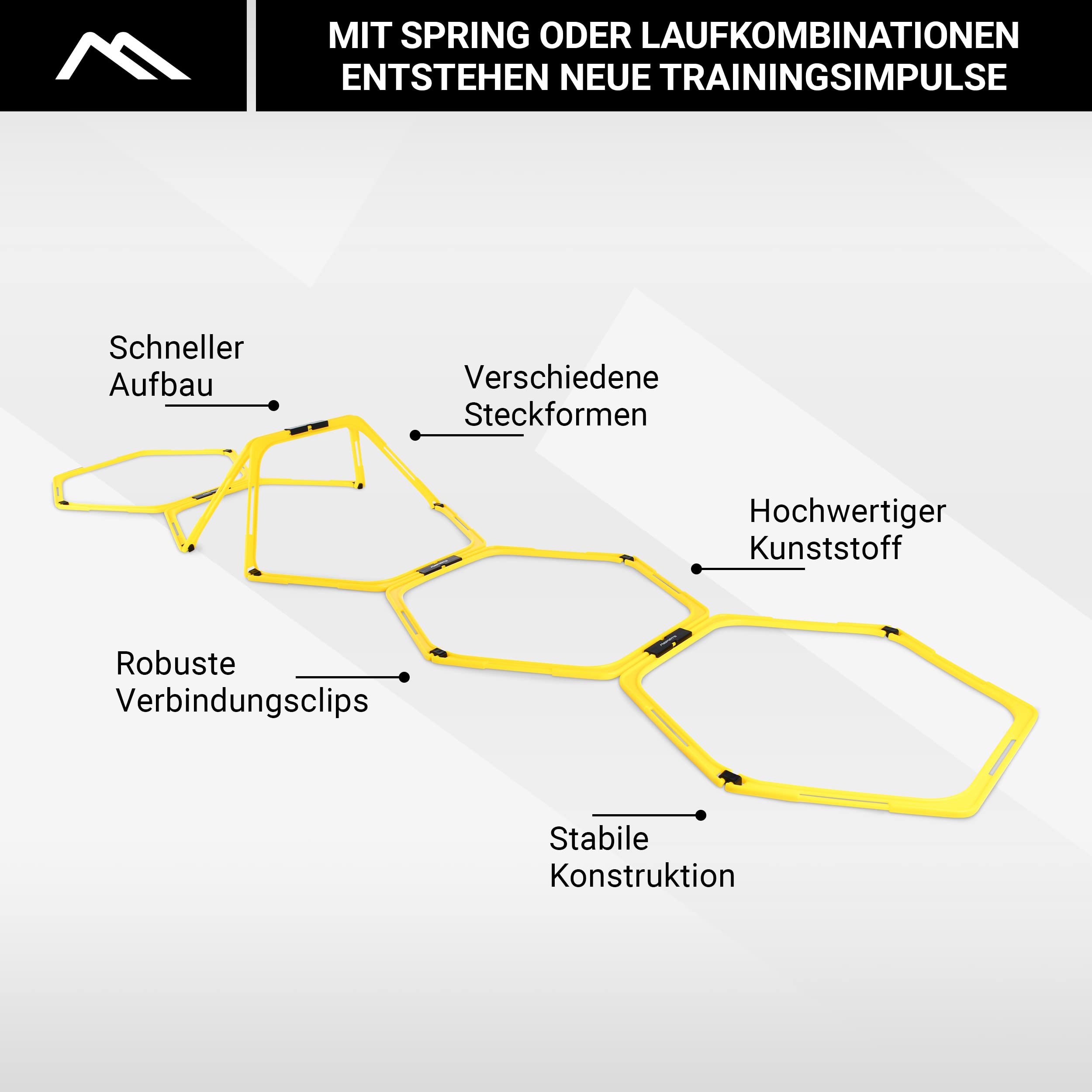 MSPORTS Koordinationsleiter Premium Multifunktional, 6X Hexagon-Elemente als Agility-Leiter u. Hürden kombinierbar Trainingsleiter Fußball Koordinationstraining Leiter