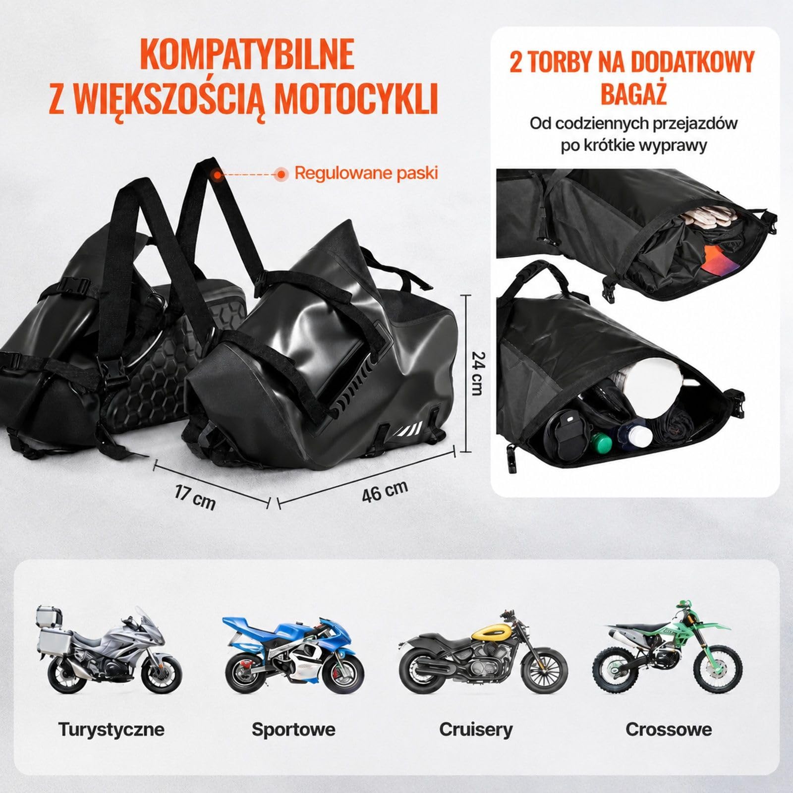 Zestaw 2 czarnych sakw motocyklowych po 14 l, 28 l łącznie, z PVC z matową siatką, dolnymi paskami montażowymi i miejscem na bagaż