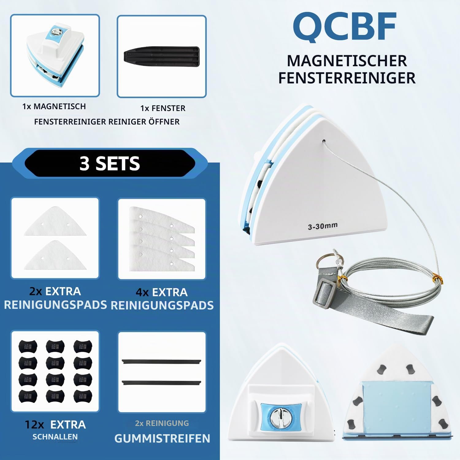 Doppelseitiger magnetischer Fensterreiniger, Verstellbarer magnetischer Doppelfensterwischer, Ausrüstungsreinigungsbürste, geeignet für 3–30 mm Dicke von Hochhaus- und Automobilglasfenstern (1