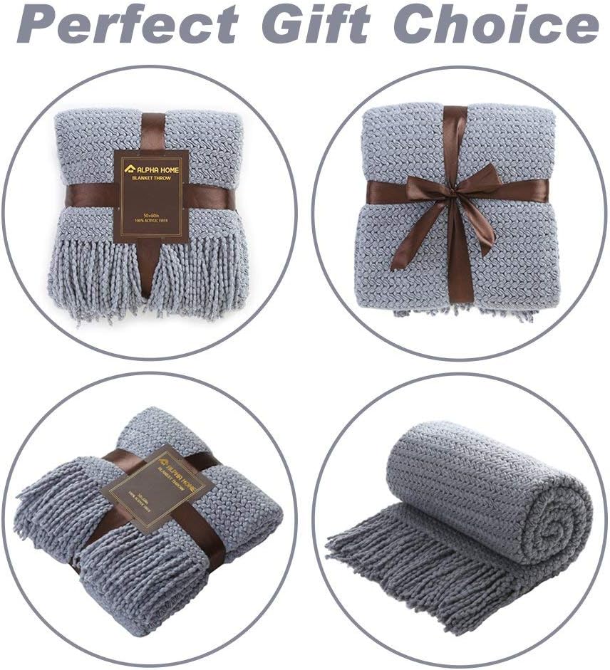 ALPHA HOME Throw Blanket for Couch 50x60 Warm Acrylic Knit Blanket Durable Lightweight Decorative Blanket Tassel with Solid Color Soft Blanket All Season Blue-Gray