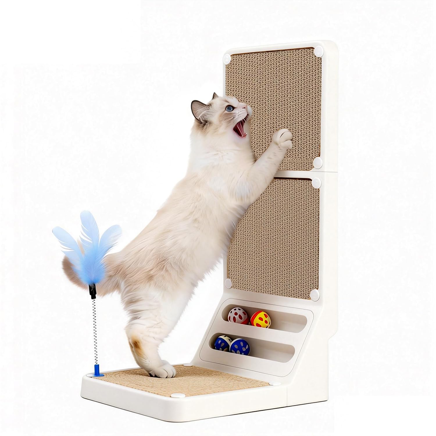 Griffoir pour chat en L mural avec noyau remplaçable et jouets plumes