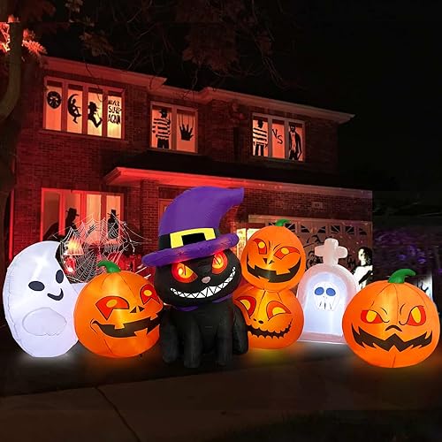 MICOCAH Inflables de Halloween de 8 pies de largo para decoración al aire libre, faroles inflables de gato y calabaza con lápida, fantasma,