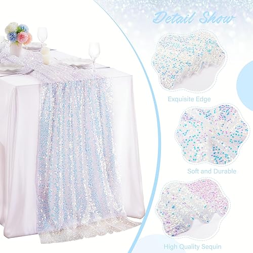 Miniatura 5 de Camino de mesa de lentejuelas blancas de 25 x 120 pulgadas, camino de mesa de boda iridiscente de sirena de 10 pies para decoración de mesa de