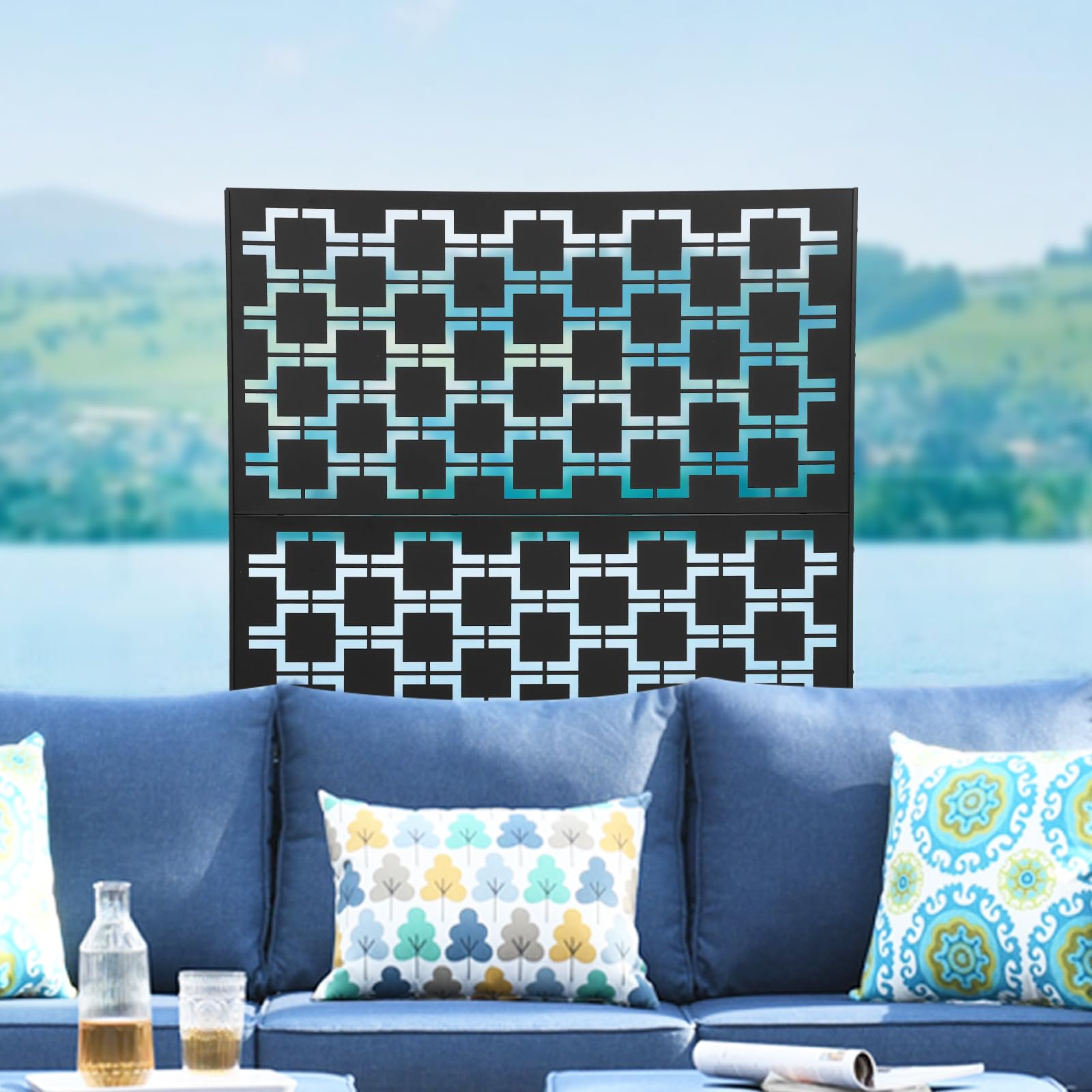 Placa de acero para protección visual, con soporte, 120 x 40 x 190 cm, acero negro, con diseño decorativo, para jardín, balcón, terraza, oficina