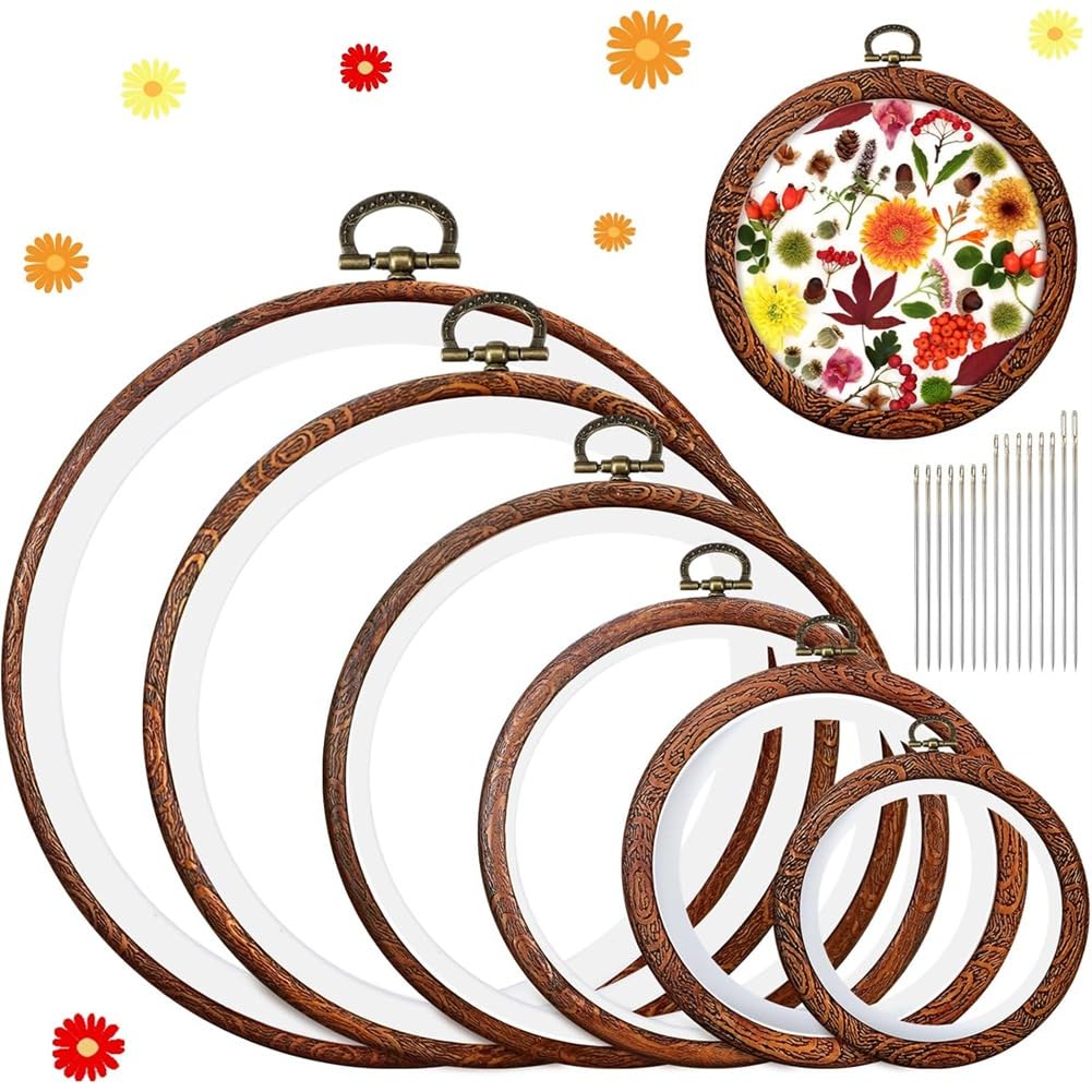 CTRLZS Circle Rubber Hoops Ring 6 Sizes Imitated Wood Round Embroidery Hoops Frame with 16 Needles for Craft Sewing DIY Hanging