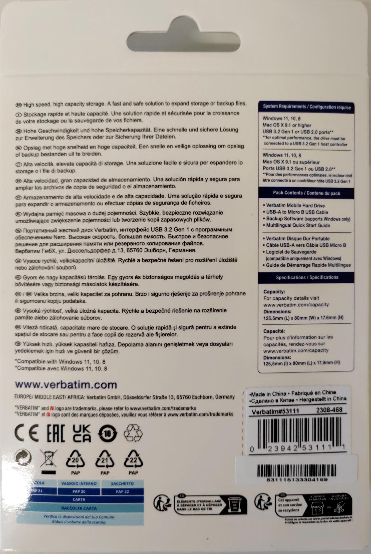 Verbatim Disco Certificado REFURBISHED Duro portátil Externo USB 3.2 Gen 1-500 GB HDD 2.5'', Plug&Play