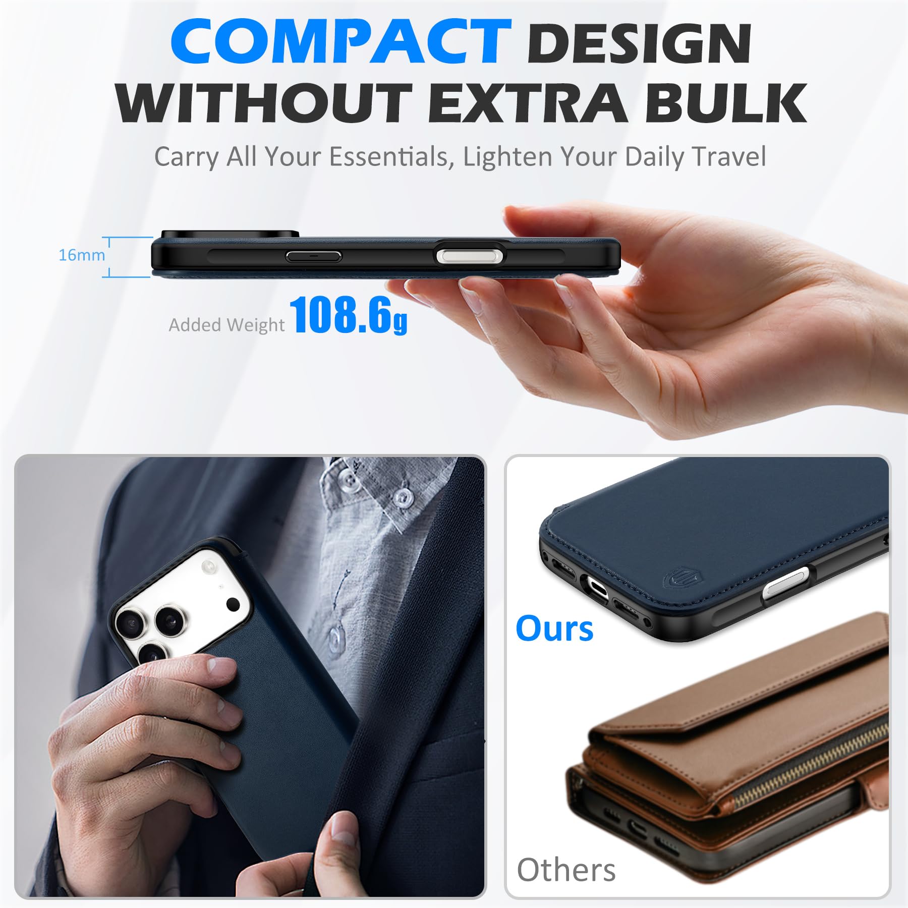 SHIELDON Funda de Cuero Genuino Tipo Cartera para iPhone 17 Pro MAX 6,9 Pulgadas 5G 2025, [Carga Inalámbrica][Bloqueo RFID] Funda de Cuero con Tapa Magnética Slim Wallet, Azul Marino