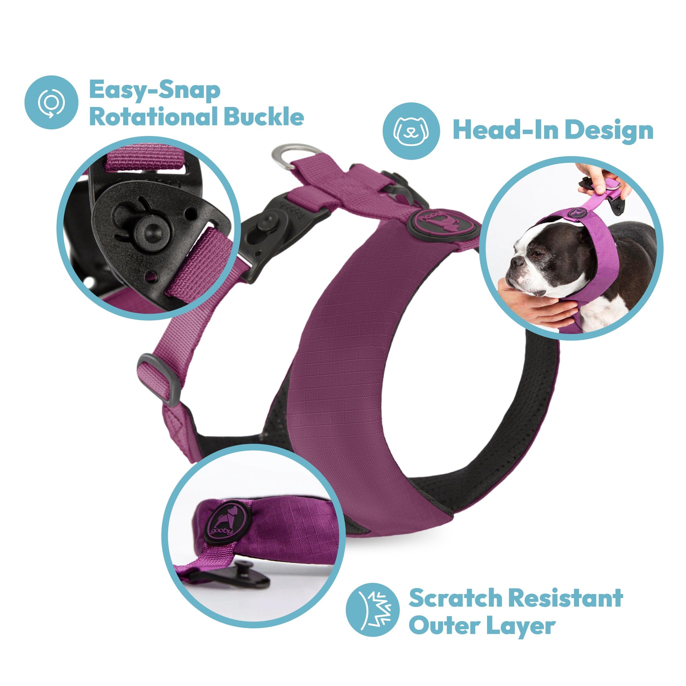 Gooby Comfort X Hundegeschirr, Doppelschnappen, Violett, Größe L, kein Ziehen, für kleine Hunde, mit drehbaren Schnallen und patentiertem erstickungsfreiem X-Rahmen