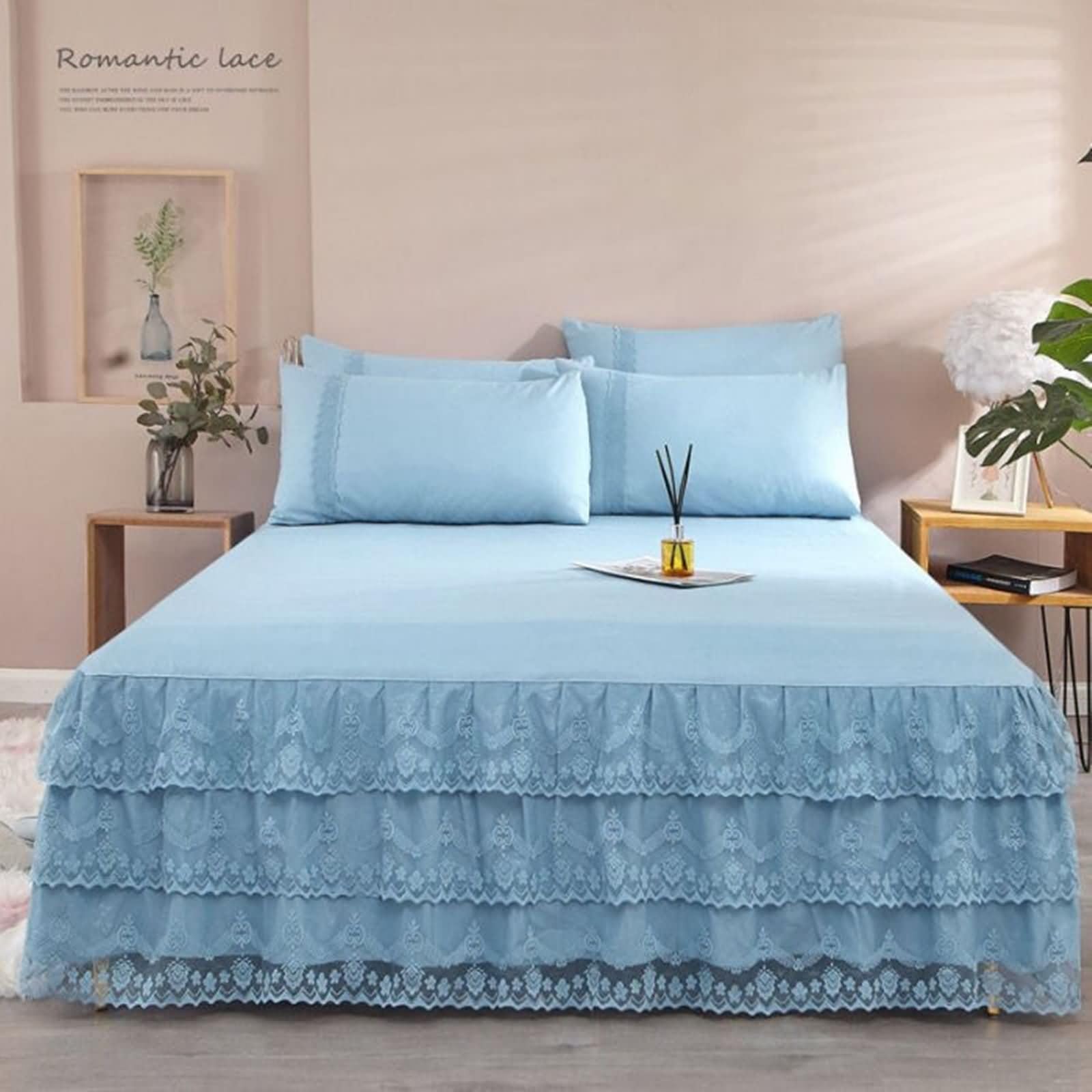 Jupe de lit 200x220cm bleu uni en polyester avec dentelle élégante pour grand matelas